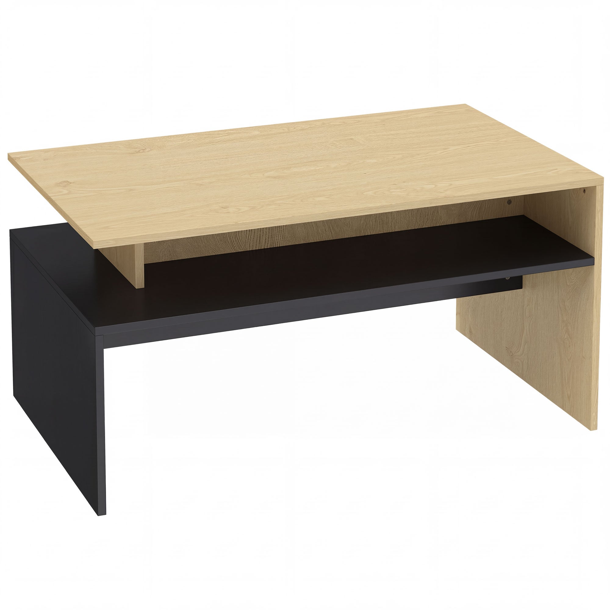 Table Basse Rectangulaire, Table de Salon Moderne Bicolore à Niveaux Décalés avec Étagère de Rangement, 95 x 55 x 50 cm, Bois Naturel et Noir