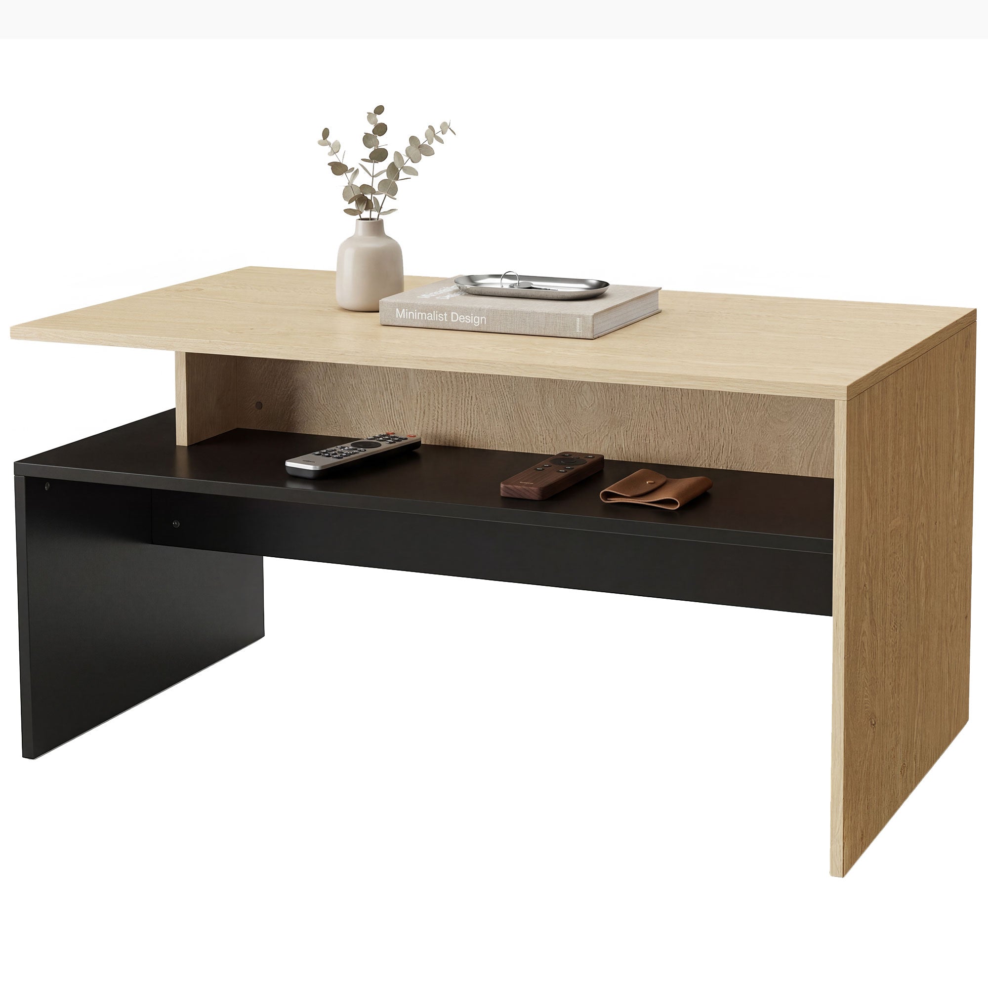 Table Basse Rectangulaire, Table de Salon Moderne Bicolore à Niveaux Décalés avec Étagère de Rangement, 95 x 55 x 50 cm, Bois Naturel et Noir