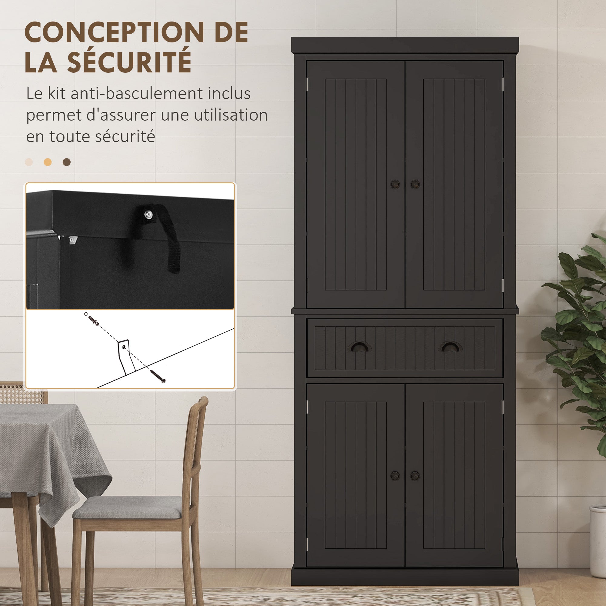 Armoire de cuisine buffet cuisine style moderne vaisselier avec placards à portes, étagères réglables et tiroir, meuble de rangement pour salle à manger, salon, 76,2 x 40,2 x 183 cm, noir