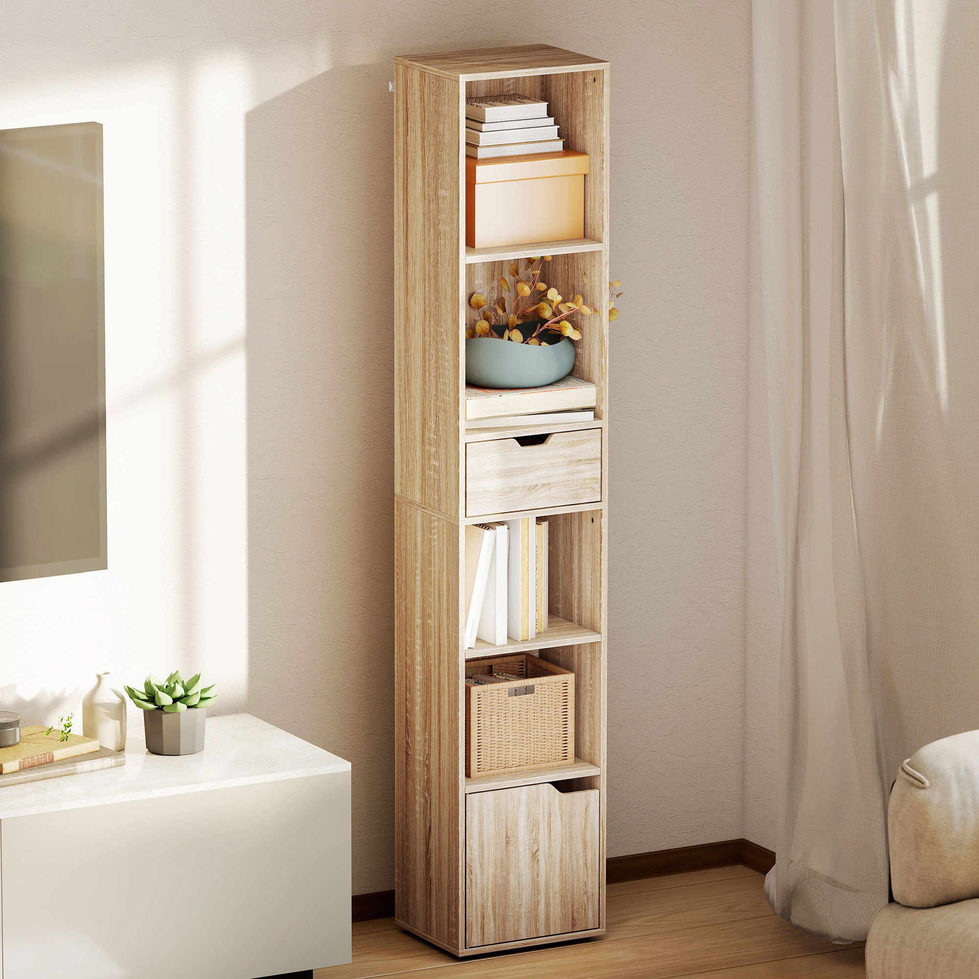 Bibliothèque, étagère à livres, meuble de rangement avec tiroir, placard et compartiments ouvertes, étagère de rangement pour salon, chambre bureau, 30 x 24 x 158 cm, bois naturel
