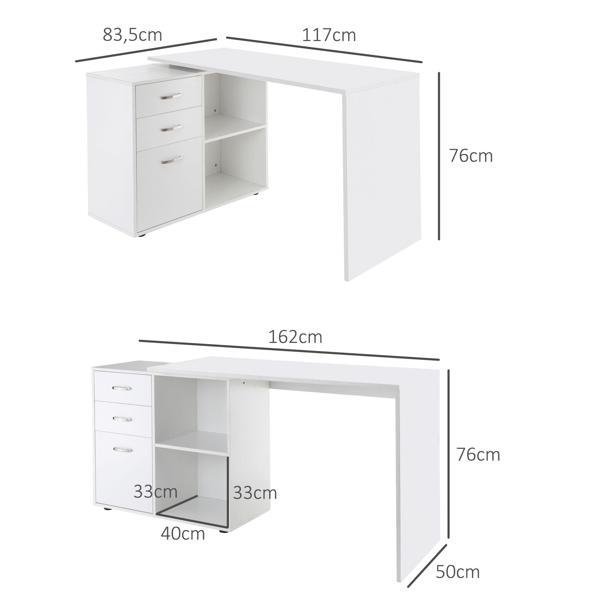 Bureau d'angle bureau droit modulable table de salle à manger 2 en 1 bureau informatique tiroirs x 3 + 2 niches MDF blanc