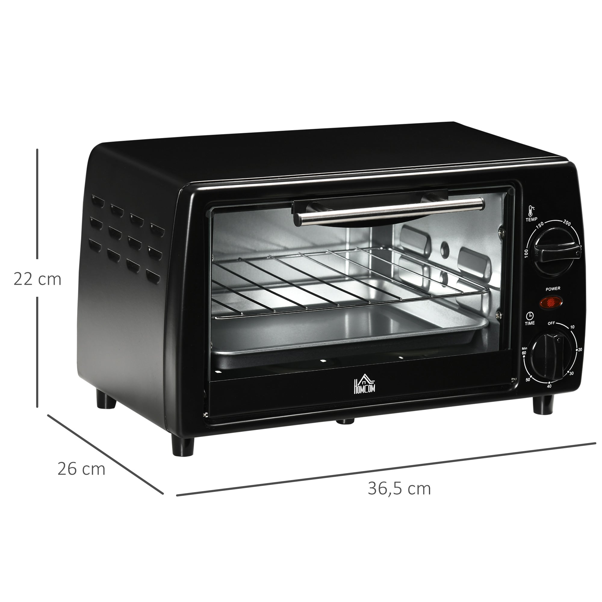 Mini four électrique 10L avec 1 grille et 1 plateau, température réglable de 100°C à 230°C, Minuteur 60 min, 36,5x26x22cm, noir