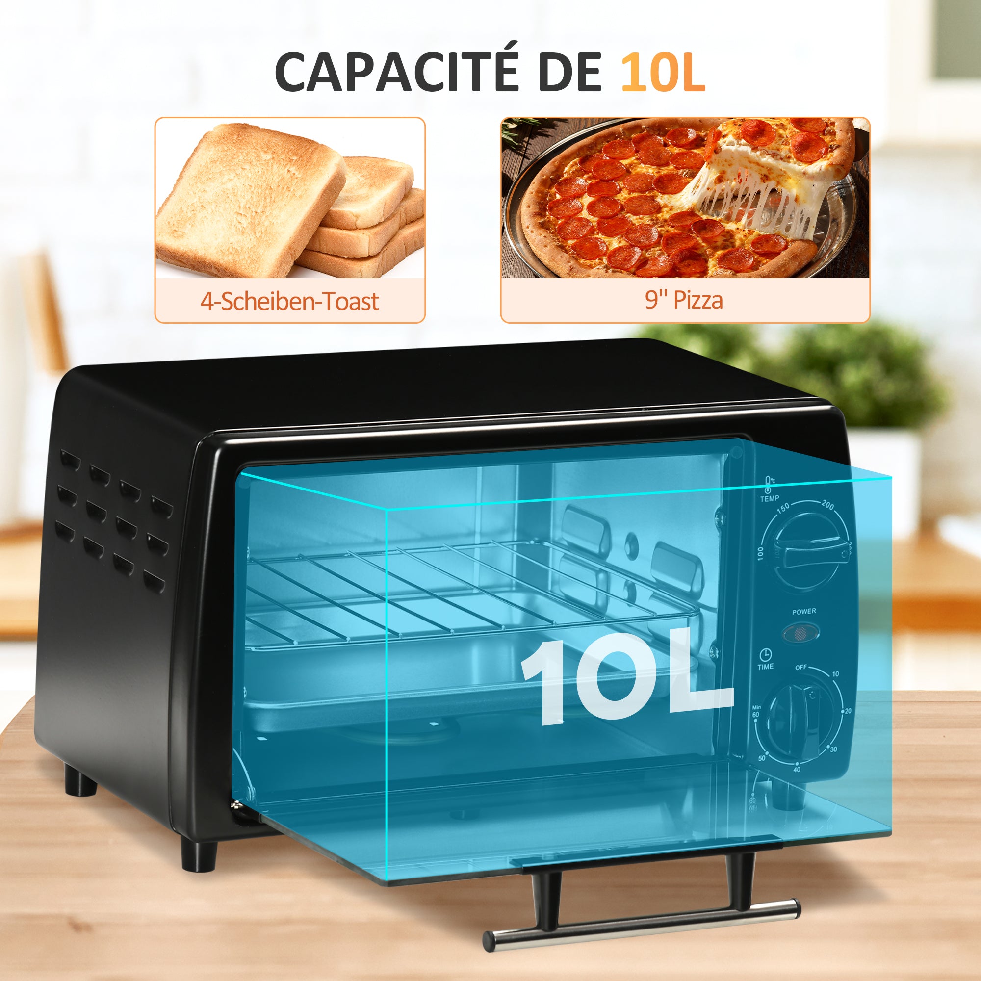 Mini four électrique 10L avec 1 grille et 1 plateau, température réglable de 100°C à 230°C, Minuteur 60 min, 36,5x26x22cm, noir