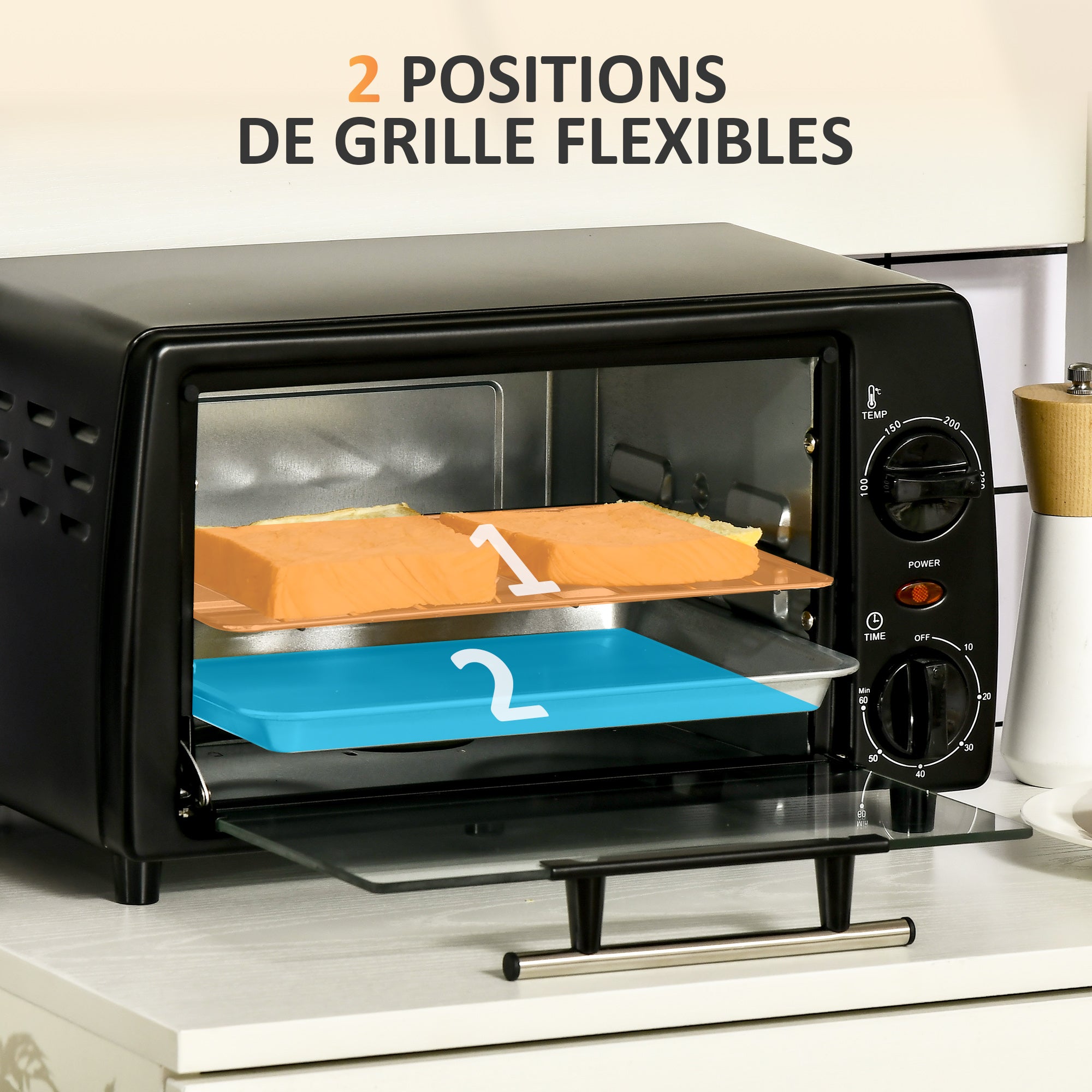 Mini four électrique 10L avec 1 grille et 1 plateau, température réglable de 100°C à 230°C, Minuteur 60 min, 36,5x26x22cm, noir