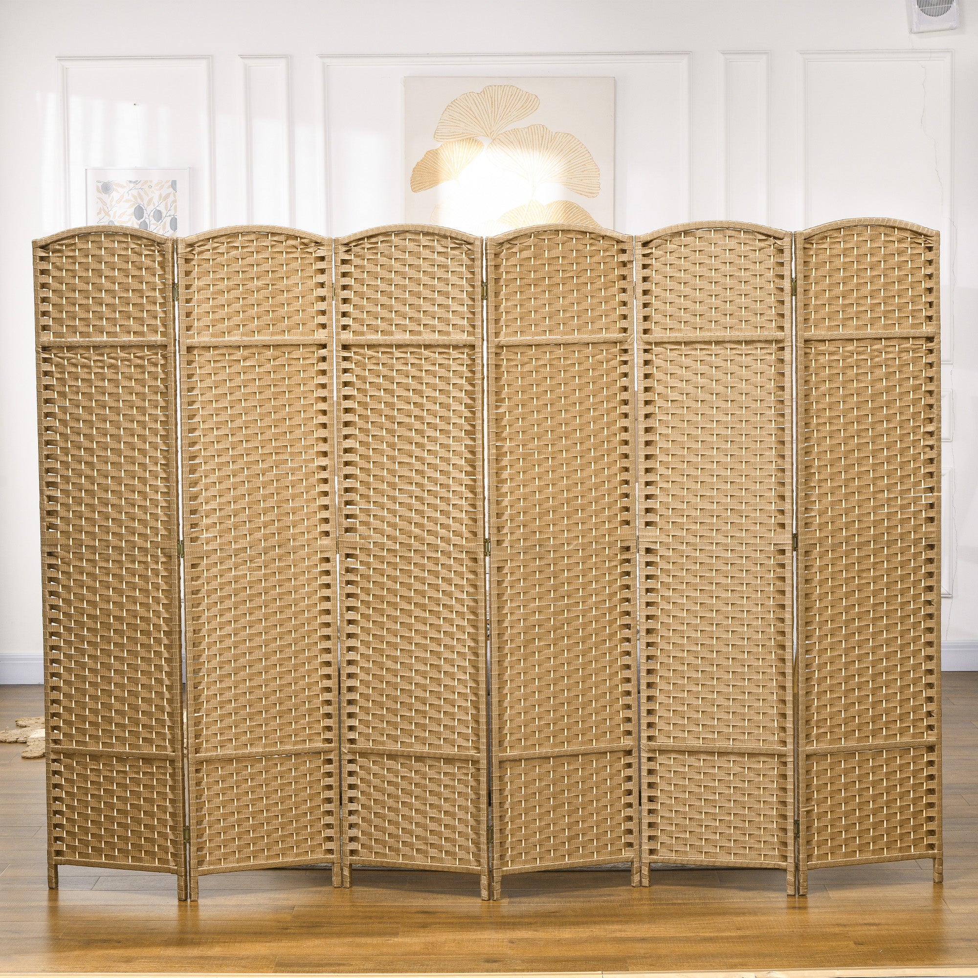 Paravent interieur en bois 6 panneaux 240 x 170 cm séparateur de pièce pliable avec finition tissée, closion de séparation pour salon, chambre à coucher, maison, bois naturel