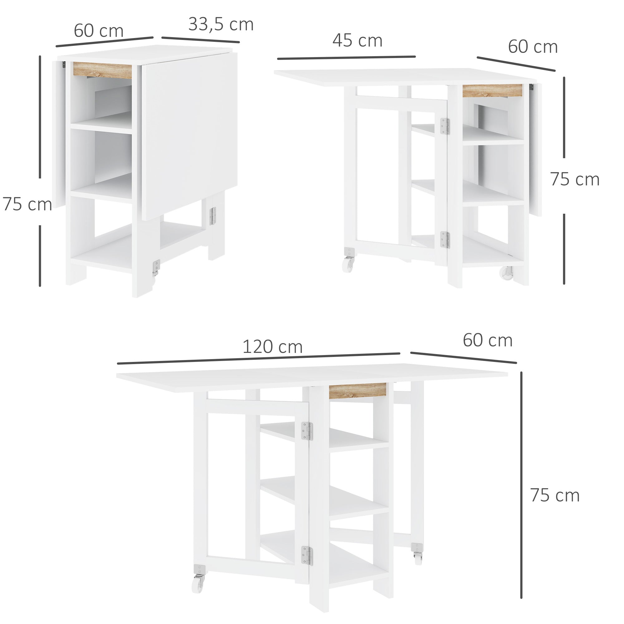 Table à manger pliable, table pliante cuisine, sur roulettes, avec 2 abattants et 3 étagères, design moderne, table de cuisine pour petits espaces, 120 x 60 x 75 cm, blanc