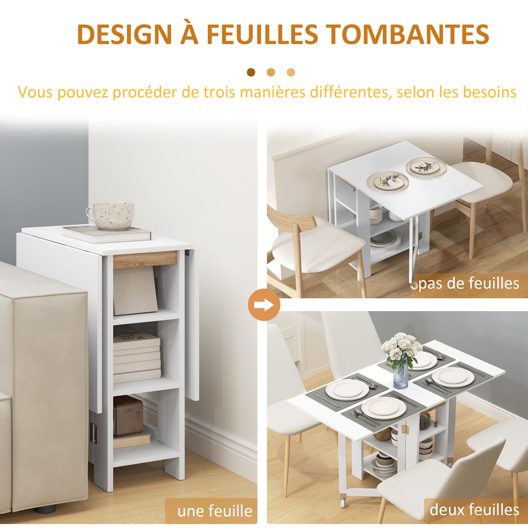 Table à manger pliable, table pliante cuisine, sur roulettes, avec 2 abattants et 3 étagères, design moderne, table de cuisine pour petits espaces, 120 x 60 x 75 cm, blanc