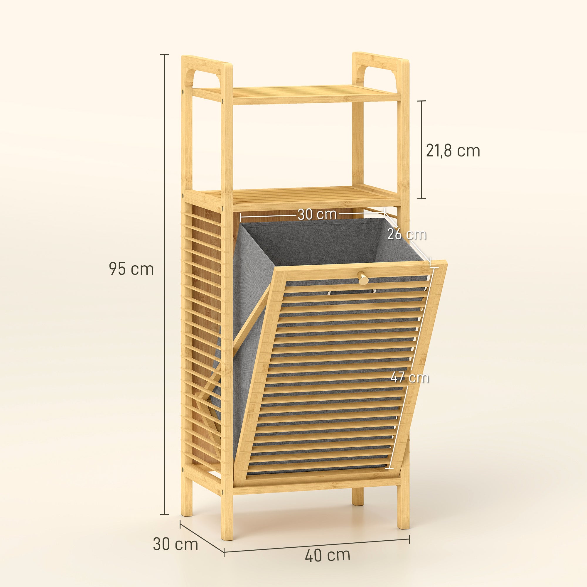 Meuble de rangement à linge en bambou, meuble de salle de bain avec étagère, panier à linge basculant, porte à lattes et sac de rangement amovible, 40 x 30 x 95 cm, effet bois naturel
