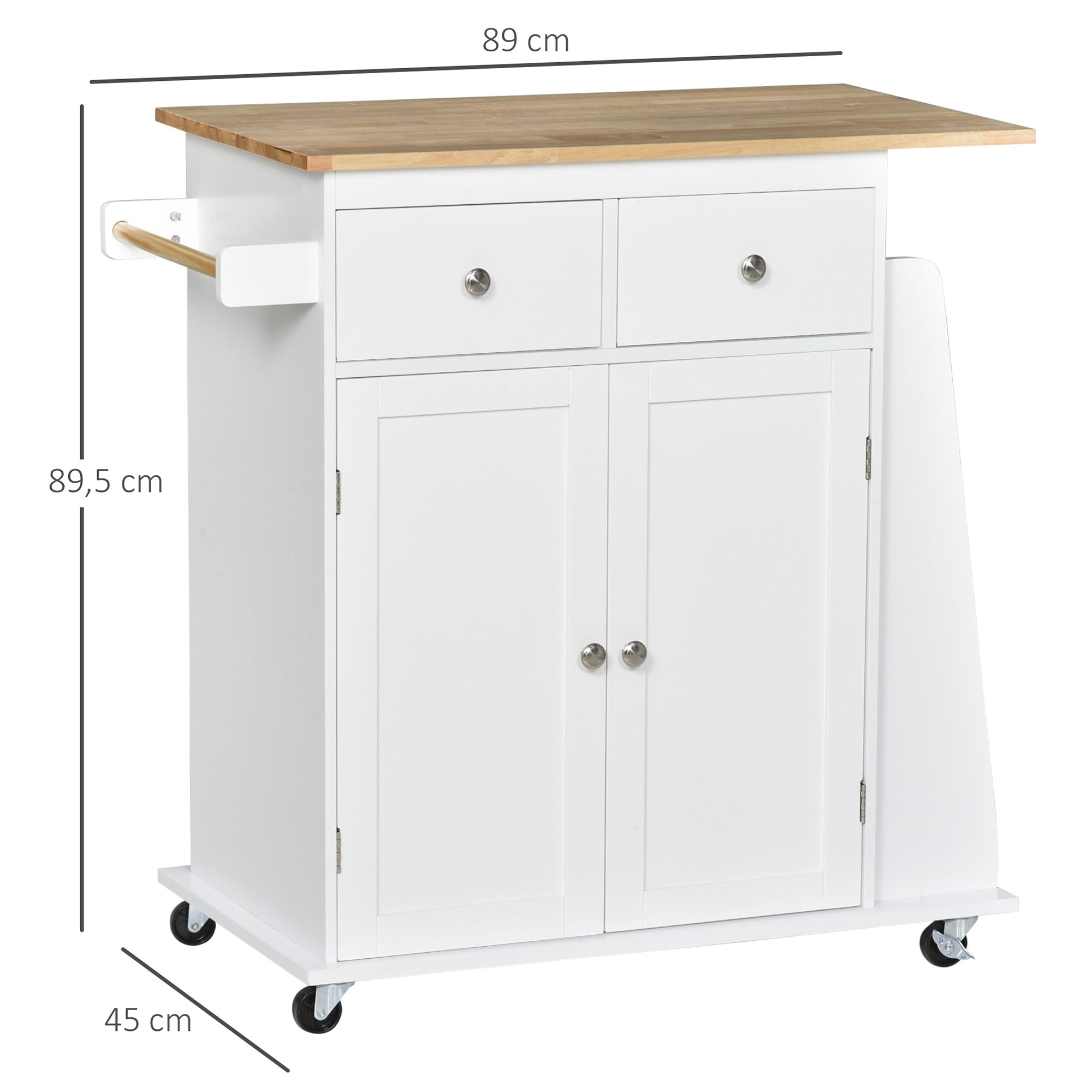 Desserte de cuisine ilôt cuisine avec plan de travail étagère range-bouteilles porte-torchons 2 tiroirs placard 2 portes MDF blanc hévéa