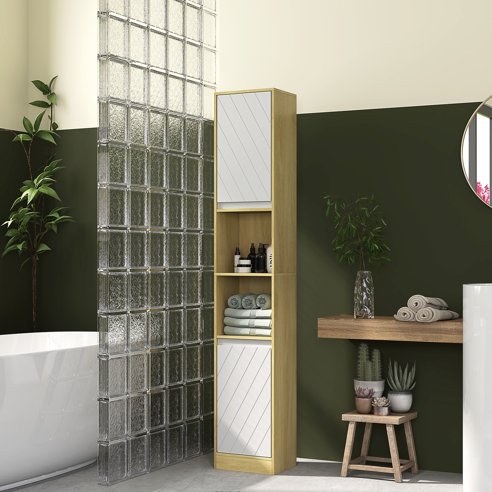 Meuble colonne rangement salle de bain style cosy 30 x 24 x 170 cm 2 portes étagère 2 niches chêne clair blanc
