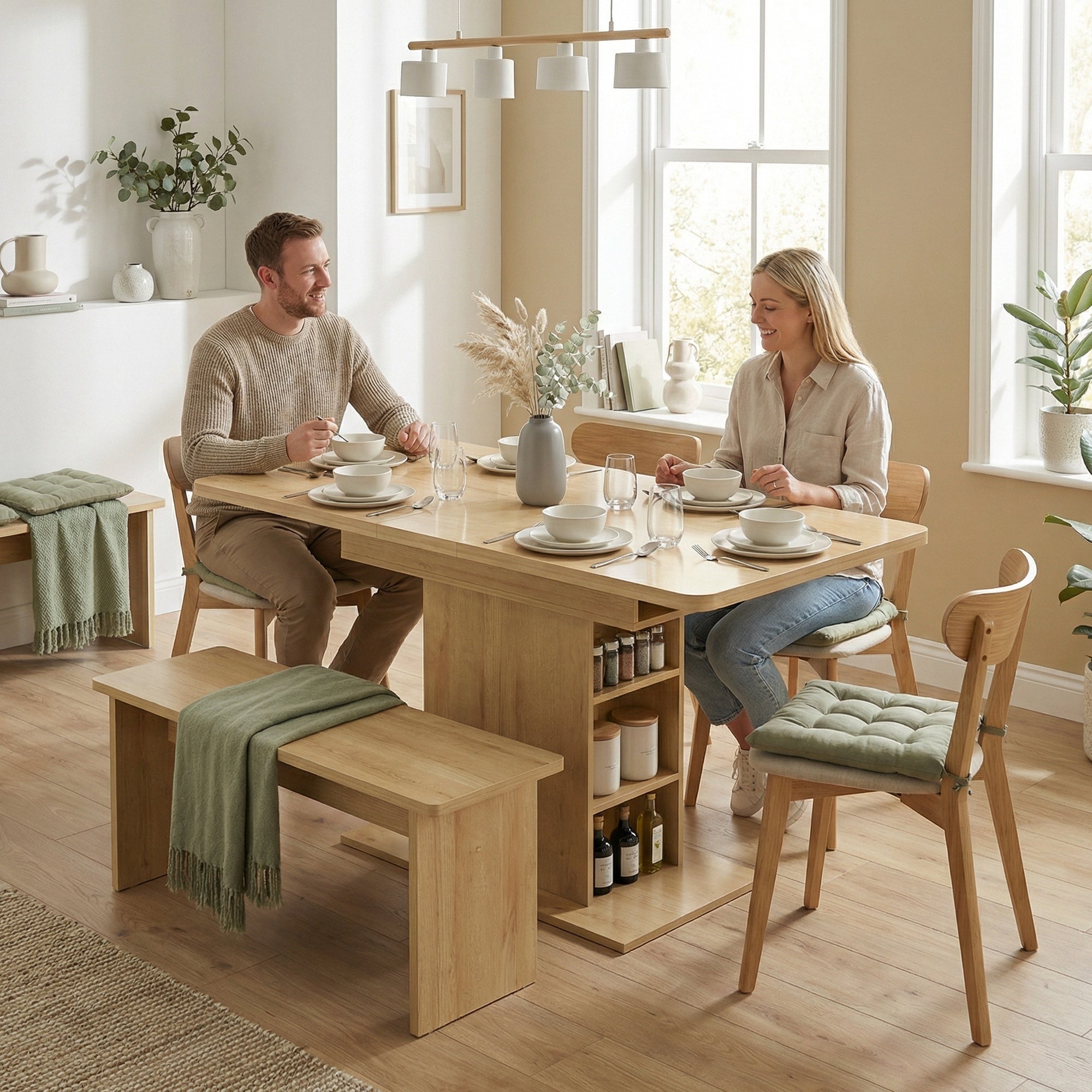 Table à Manger Extensible Rectangle pour 4 à 6 Personnes, Table de Cuisine 110-130 cm avec 6 Étagères Ouvertes et Compartiment, pour Petits Espaces, Salle à Manger, Salon, Bois Naturel
