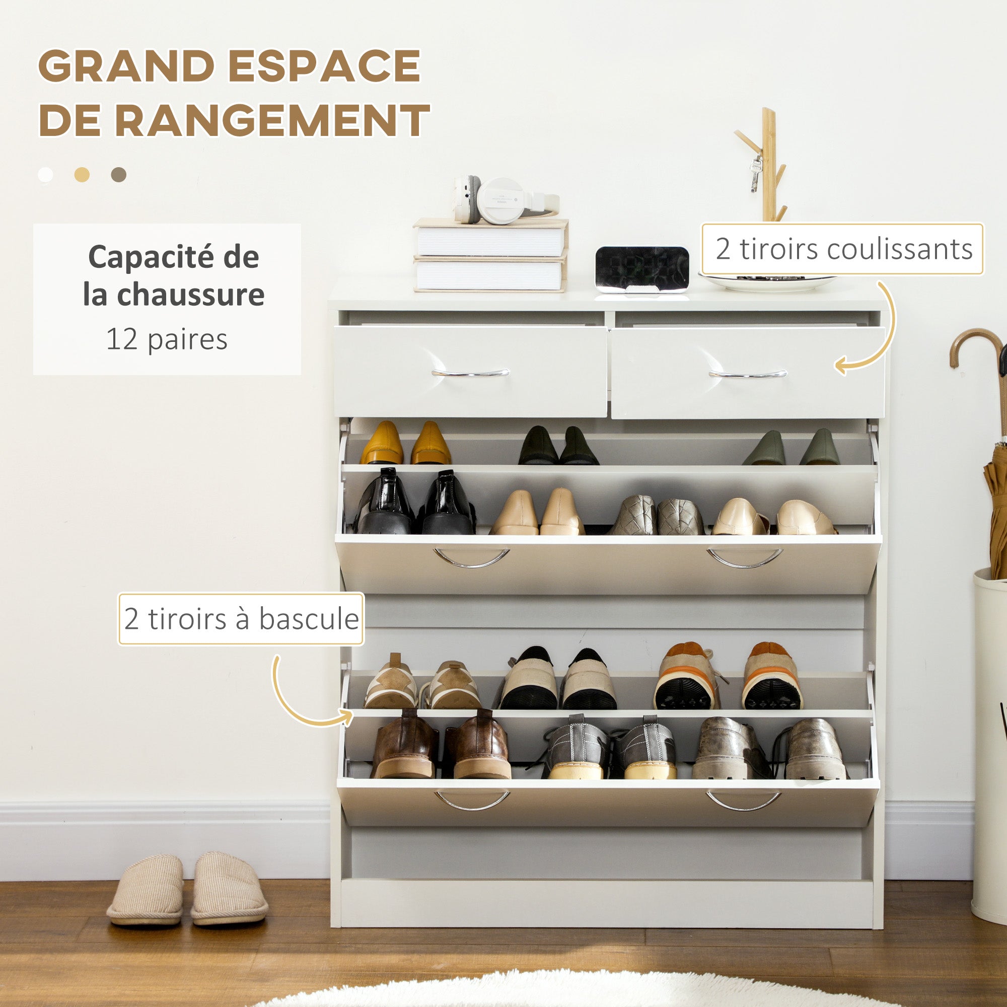 Meuble à chaussures armoire à chaussures - 2 tiroirs et 2 portes abattantes avec étagère réglable - 80 x 30 x 91,5 cm - poignées en aluminium, blanc