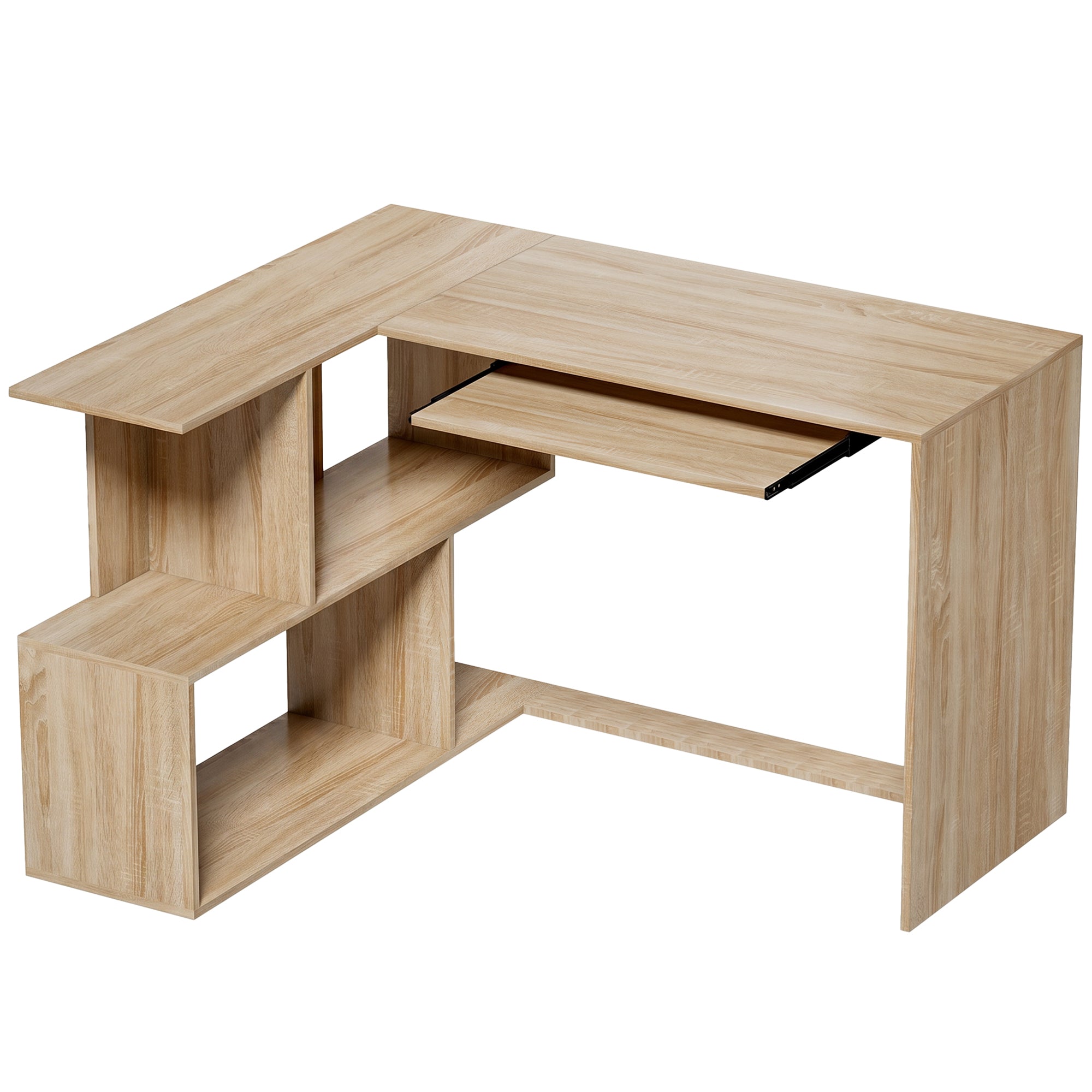 Bureau d'Angle, 120 x 100 x 76 cm, Bureau Informatique en L avec Plateau de Clavier, 4 Compartiments Ouverts, Style Moderne, Table de Travail pour Domicile, Chambre, Petit Espace, Bois Naturel
