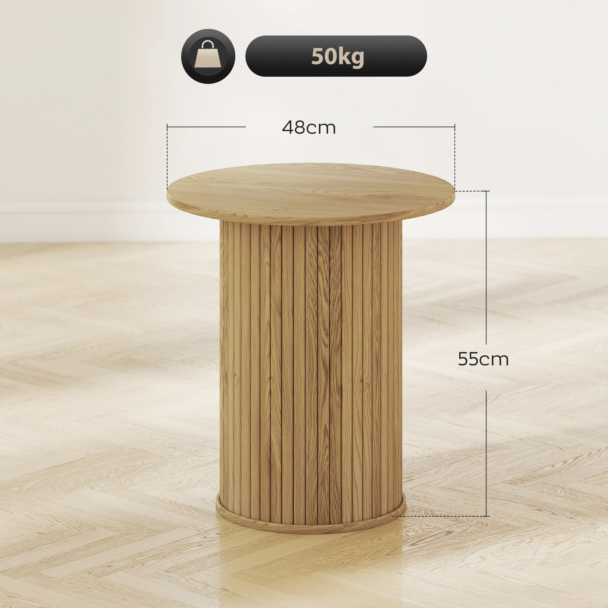 Table d'appoint ronde Ø 48 cm, table basse avec pieds cannelés, pour salon, chambre ou petit espace, chêne