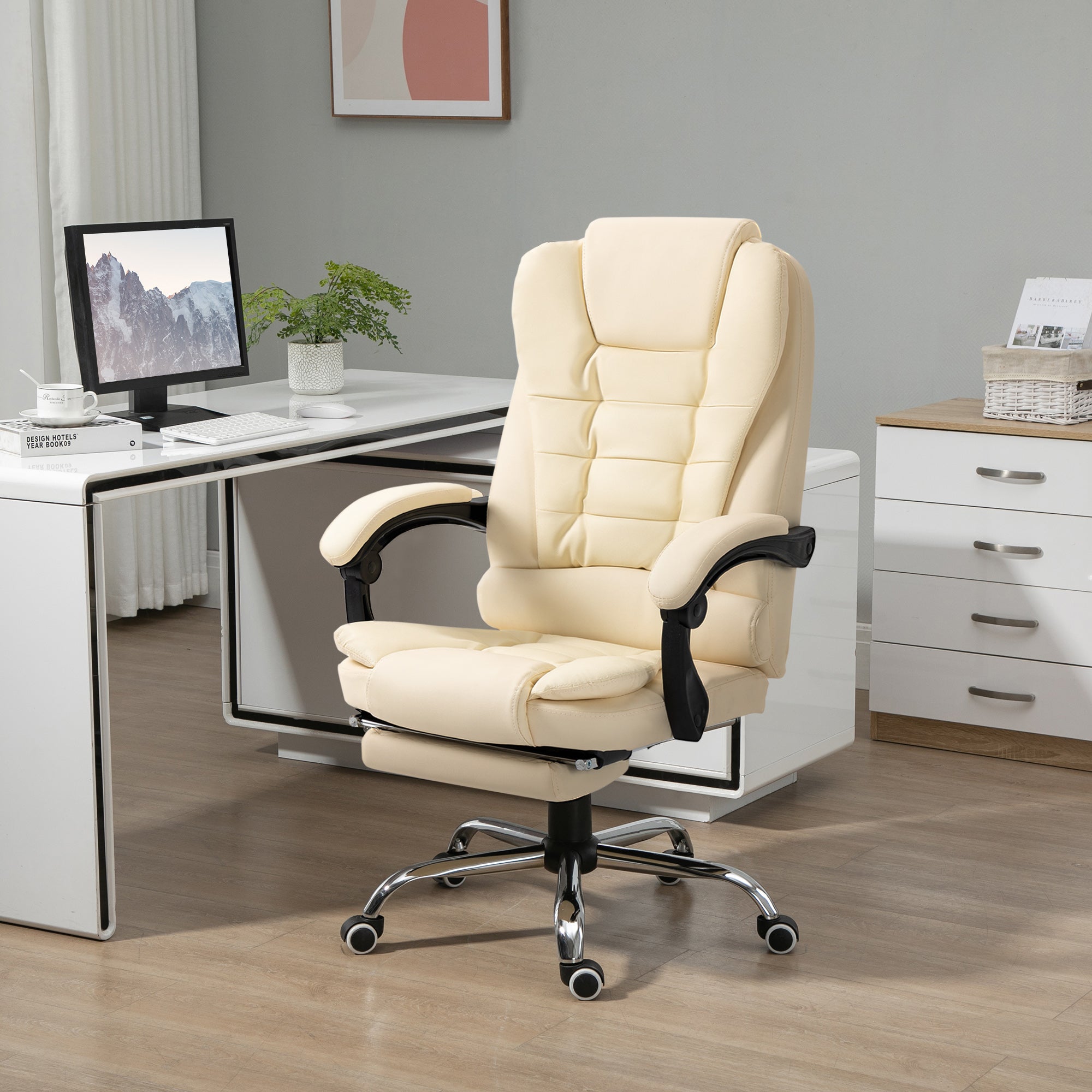 Fauteuil de bureau fauteuil manager grand confort dossier inclinable roulettes PU 64,5 x 69 x 117 cm crème