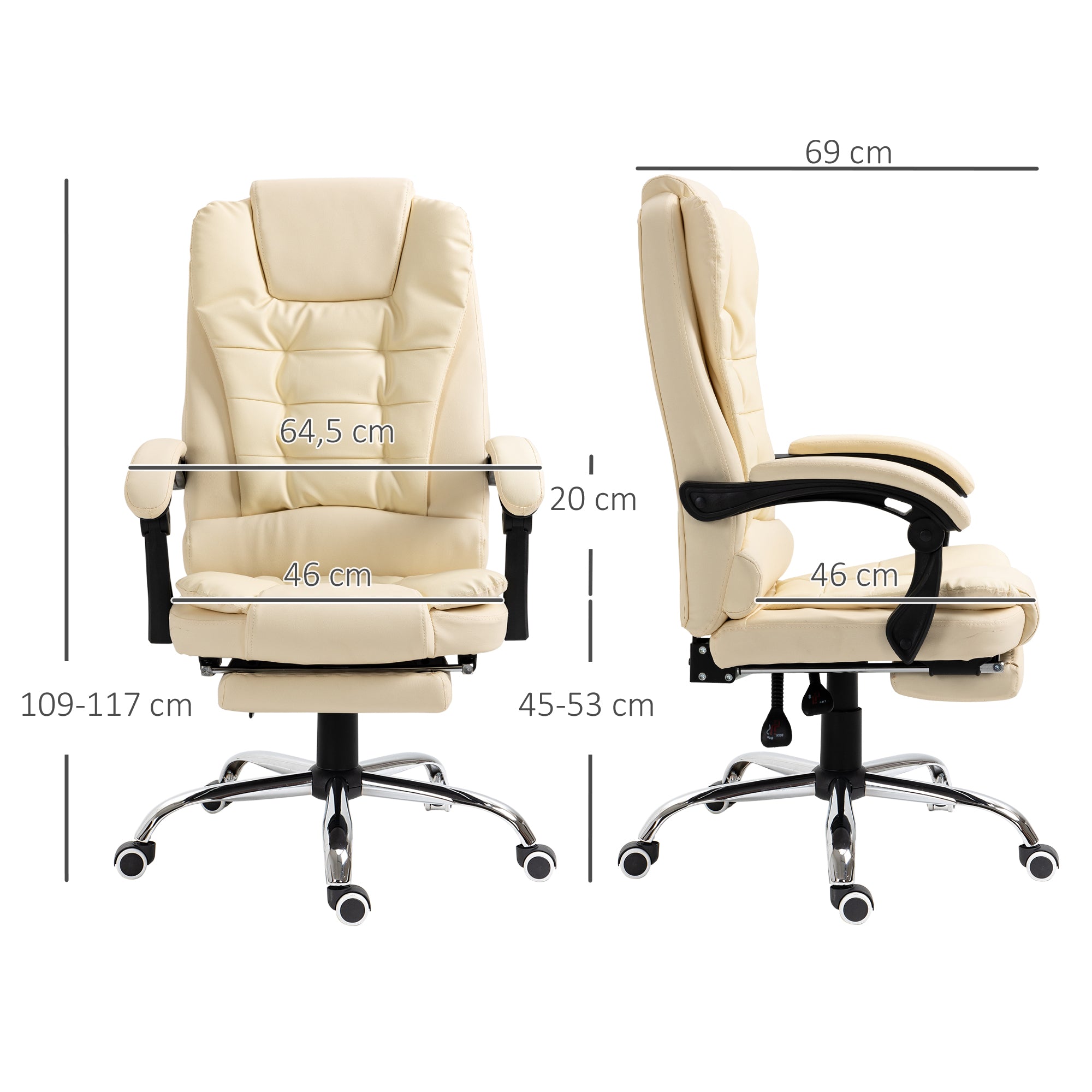 Fauteuil de bureau fauteuil manager grand confort dossier inclinable roulettes PU 64,5 x 69 x 117 cm crème