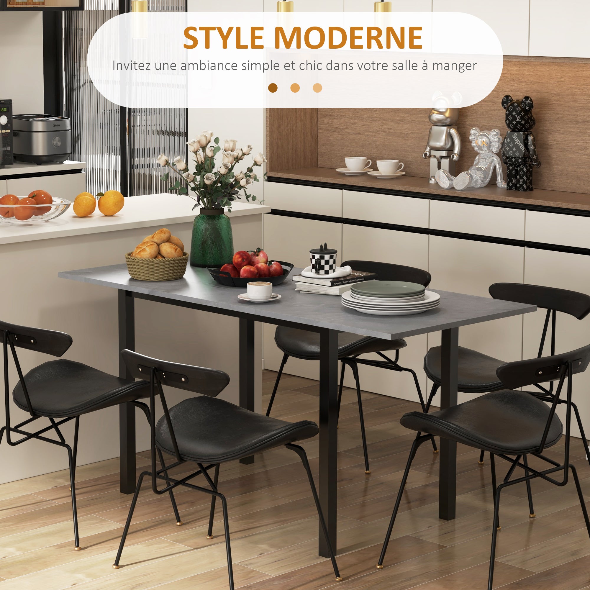 Table à manger extensible table de cuisine design moderne avec grand plateau 6 personnes cadre en acier gris foncé