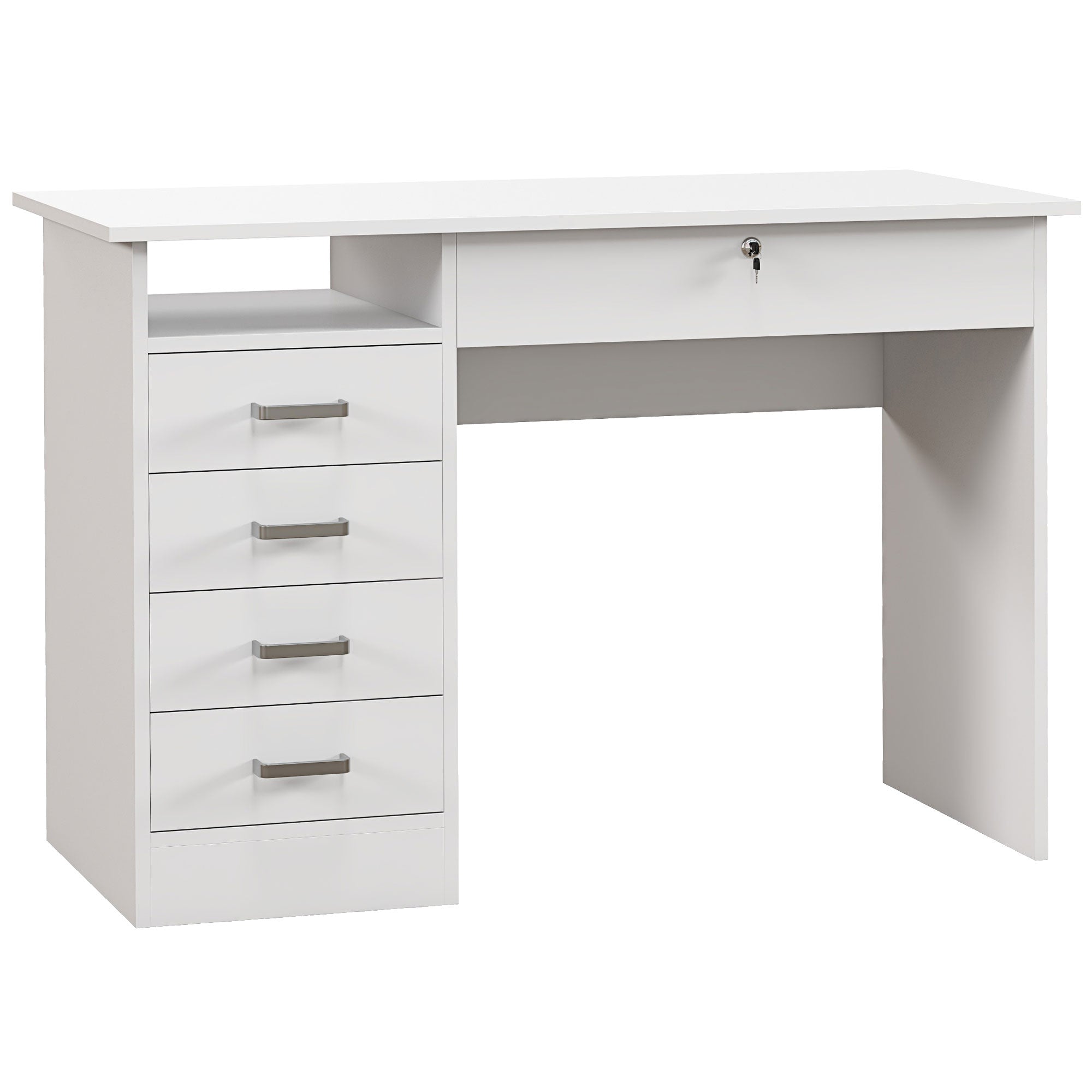 Bureau informatique table d'ordinateur moderne avec 5 tiroirs, grand plateau, 1 compartiment ouvert, tiroir verrouillable, 110 x 50 x 76 cm, blanc