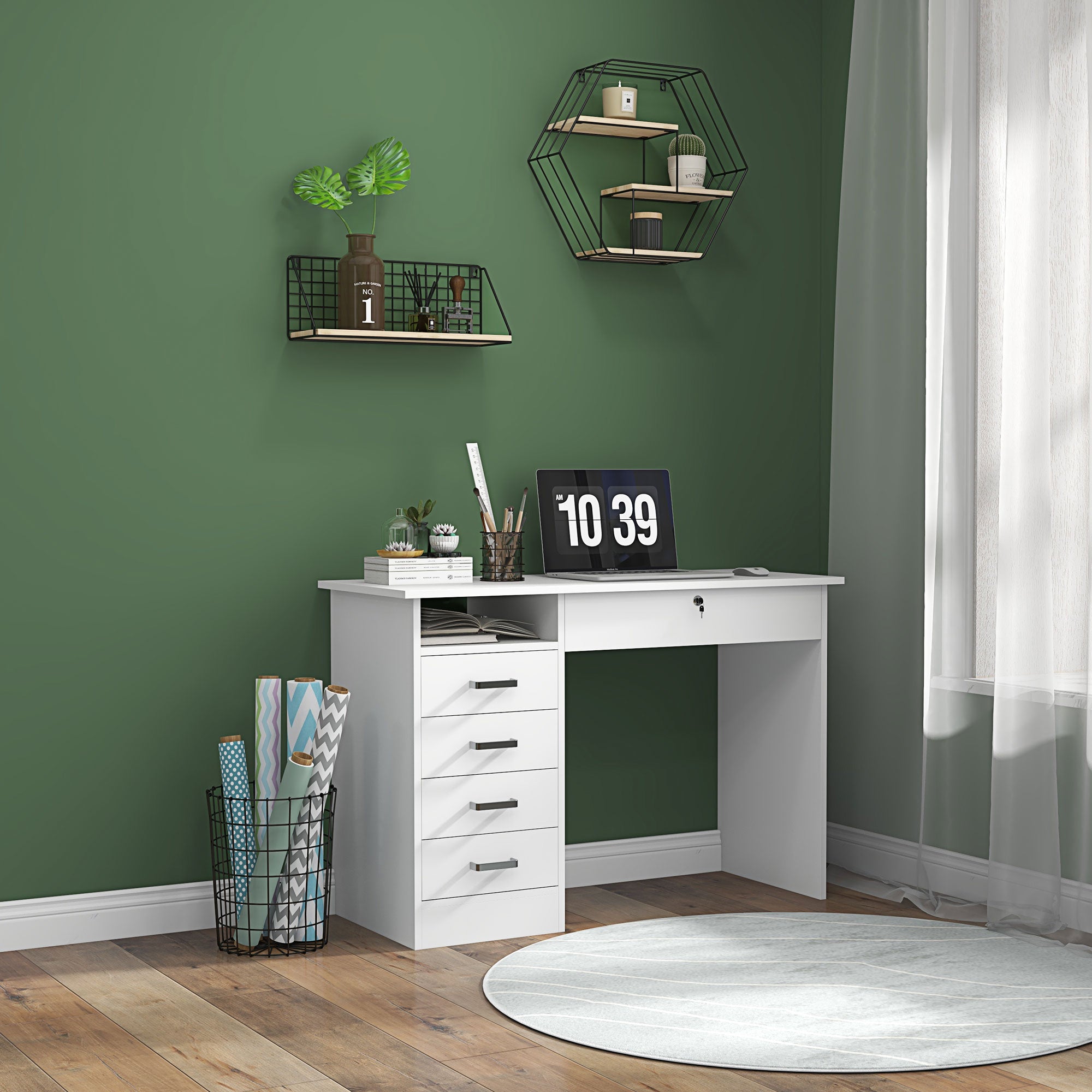 Bureau informatique table d'ordinateur moderne avec 5 tiroirs, grand plateau, 1 compartiment ouvert, tiroir verrouillable, 110 x 50 x 76 cm, blanc