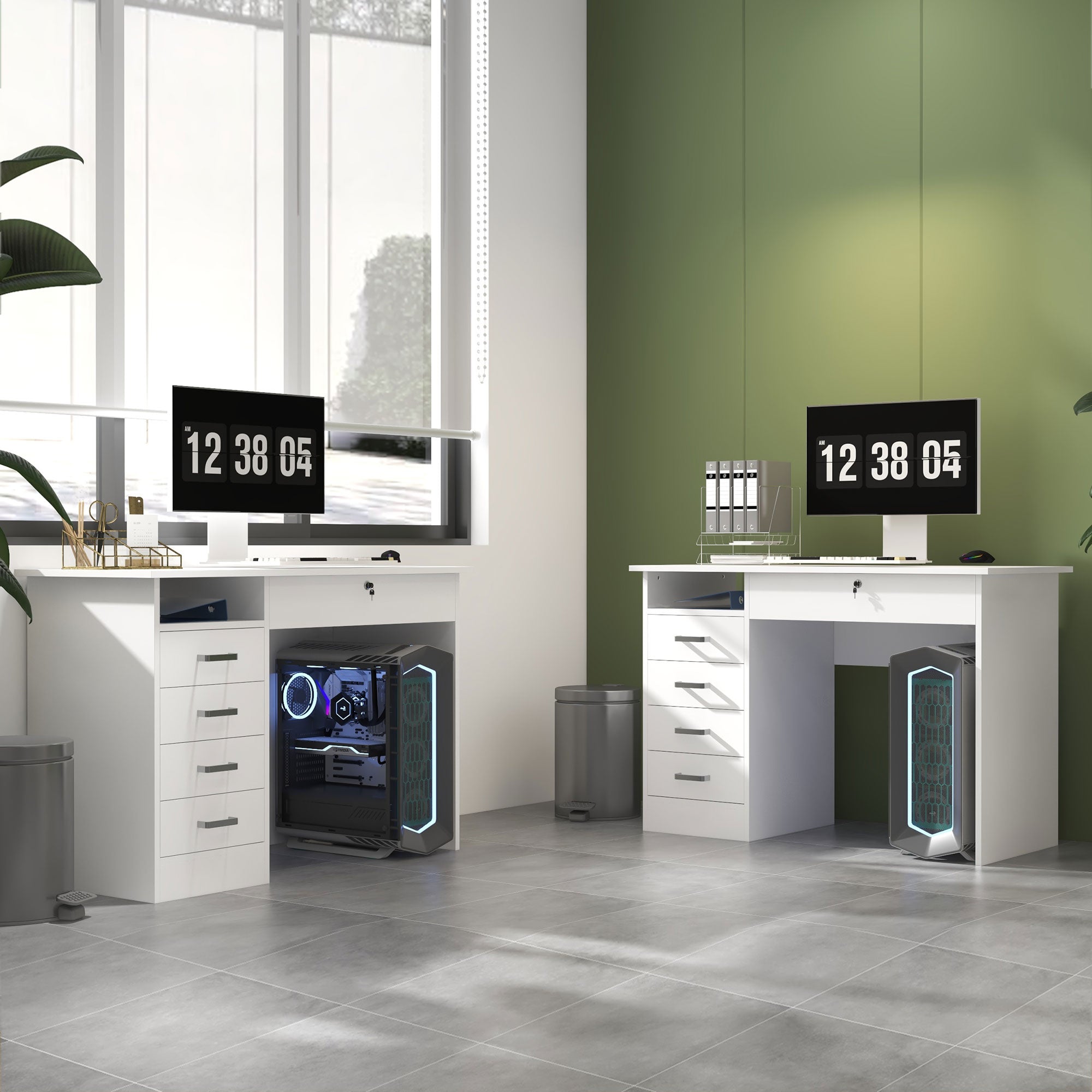 Bureau informatique table d'ordinateur moderne avec 5 tiroirs, grand plateau, 1 compartiment ouvert, tiroir verrouillable, 110 x 50 x 76 cm, blanc