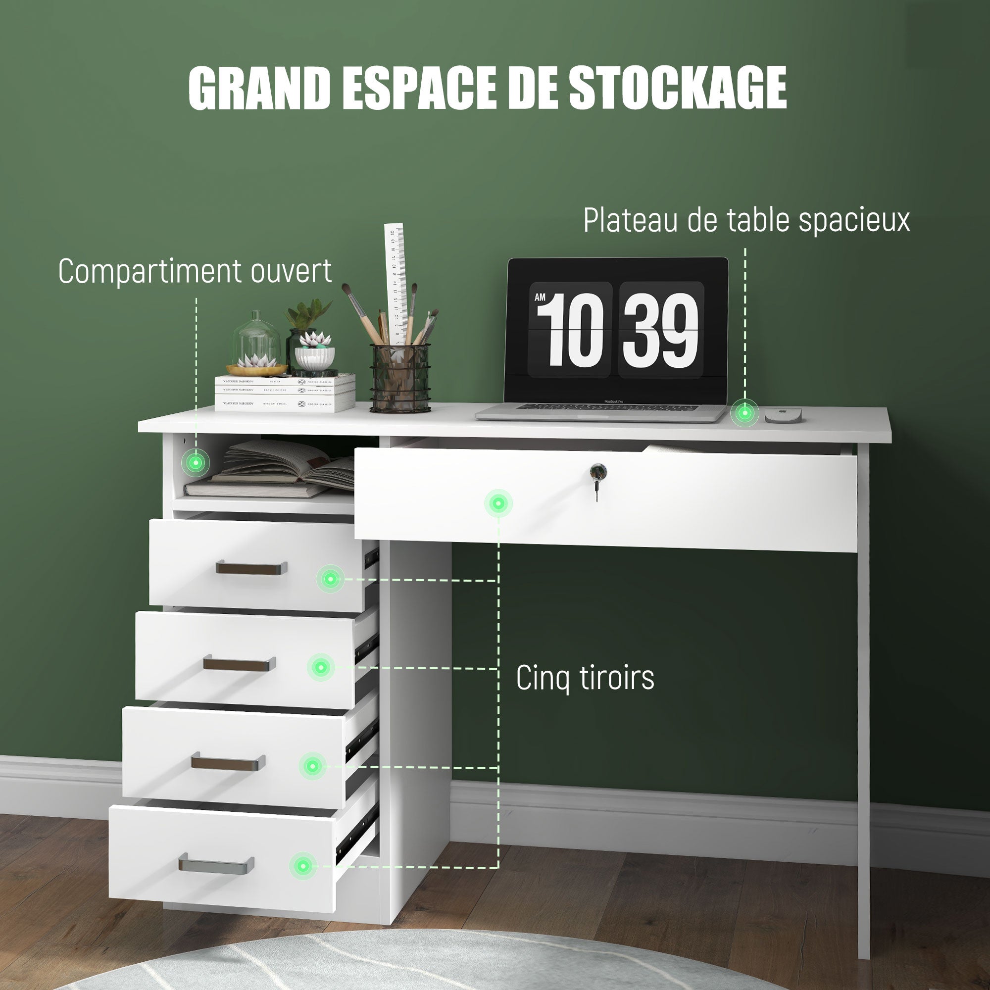 Bureau informatique table d'ordinateur moderne avec 5 tiroirs, grand plateau, 1 compartiment ouvert, tiroir verrouillable, 110 x 50 x 76 cm, blanc