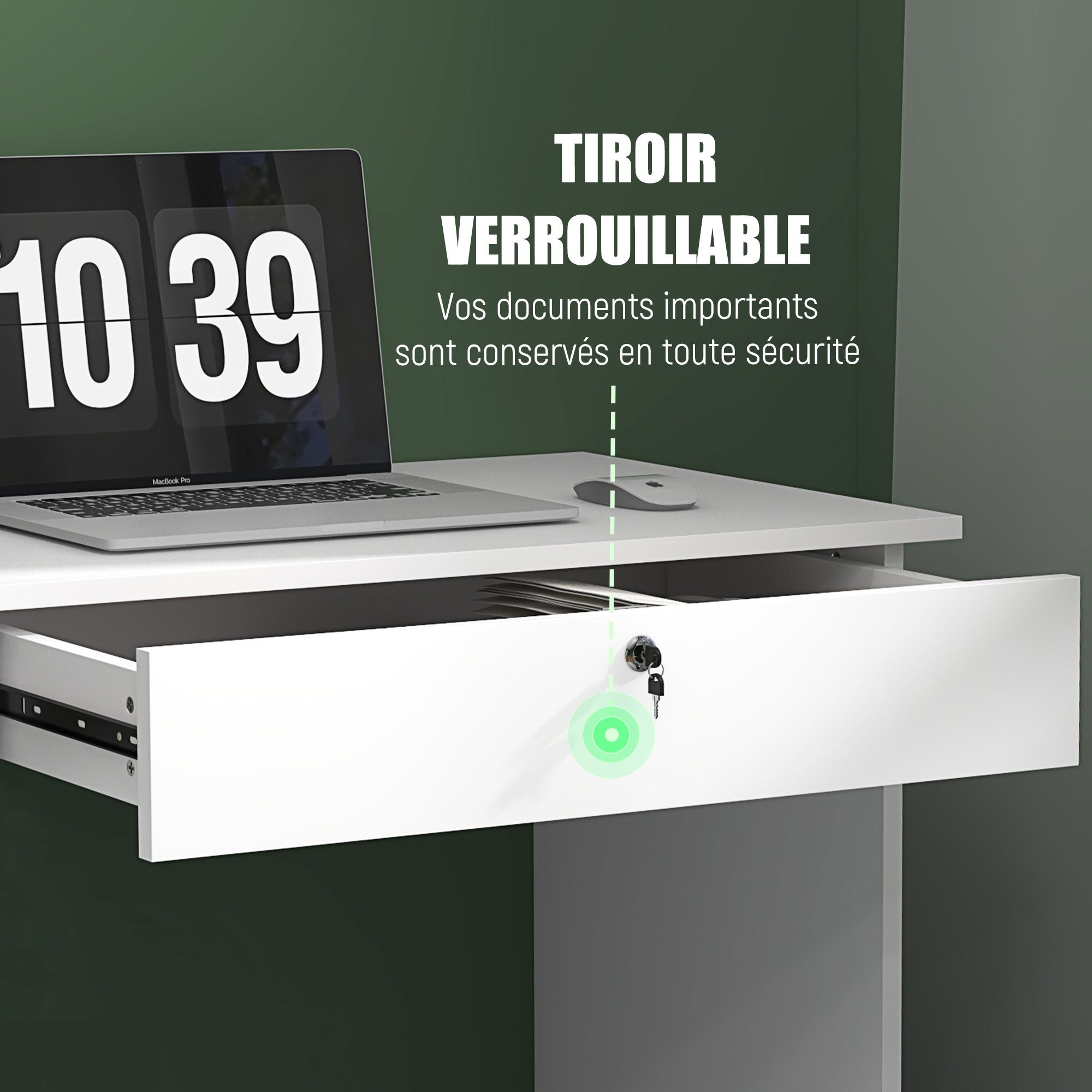 Bureau informatique table d'ordinateur moderne avec 5 tiroirs, grand plateau, 1 compartiment ouvert, tiroir verrouillable, 110 x 50 x 76 cm, blanc
