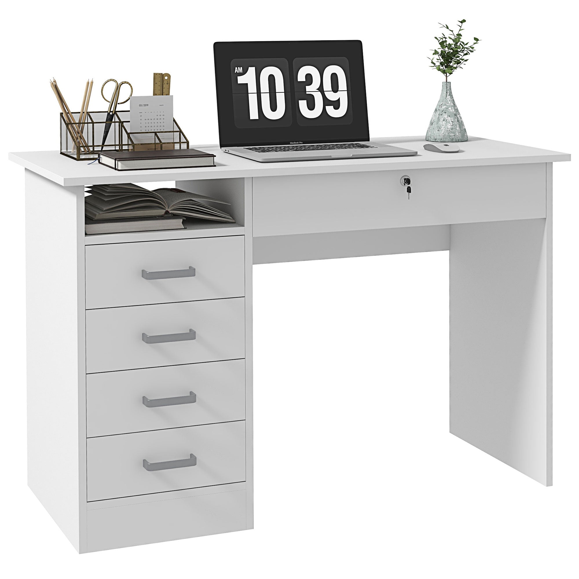 Bureau informatique table d'ordinateur moderne avec 5 tiroirs, grand plateau, 1 compartiment ouvert, tiroir verrouillable, 110 x 50 x 76 cm, blanc