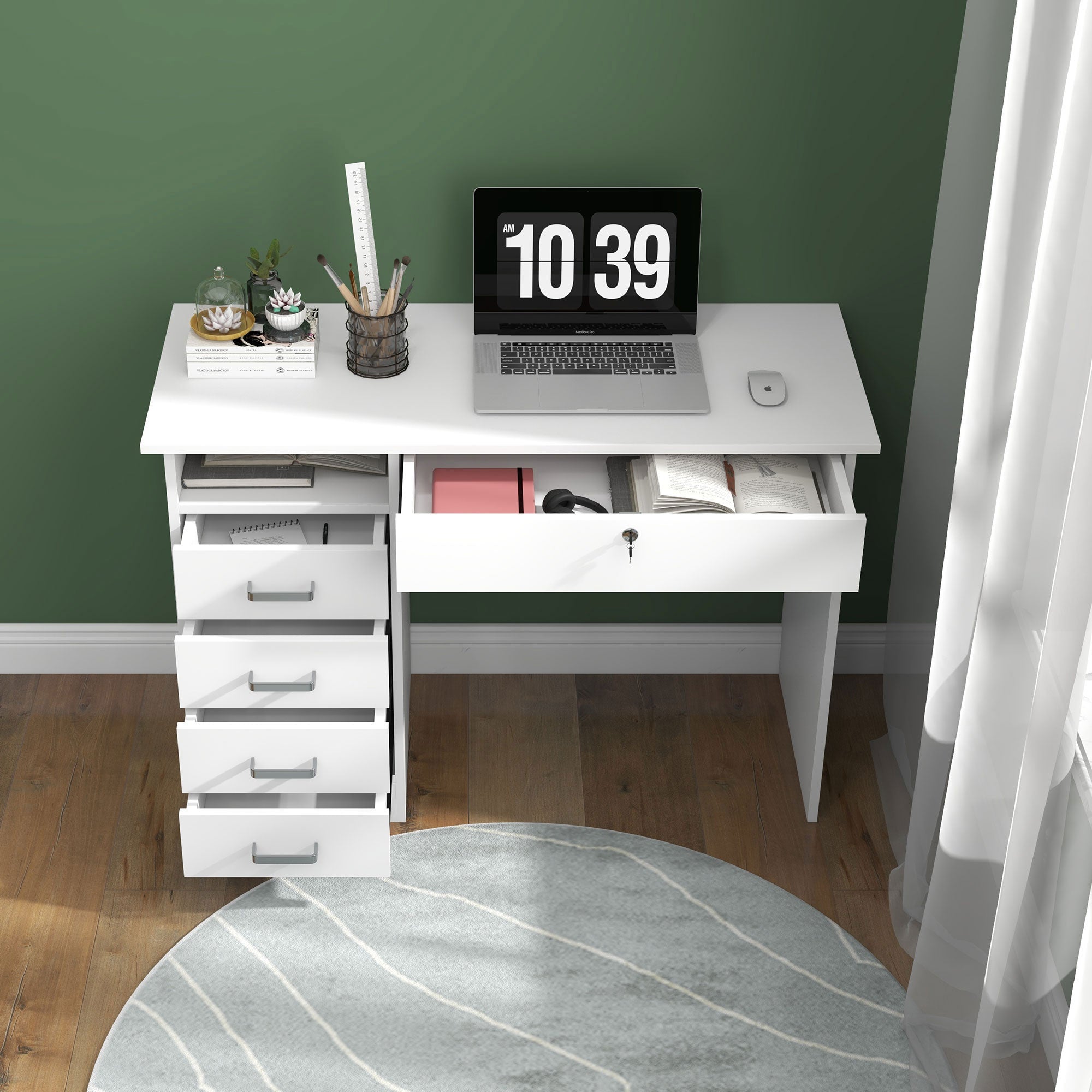 Bureau informatique table d'ordinateur moderne avec 5 tiroirs, grand plateau, 1 compartiment ouvert, tiroir verrouillable, 110 x 50 x 76 cm, blanc