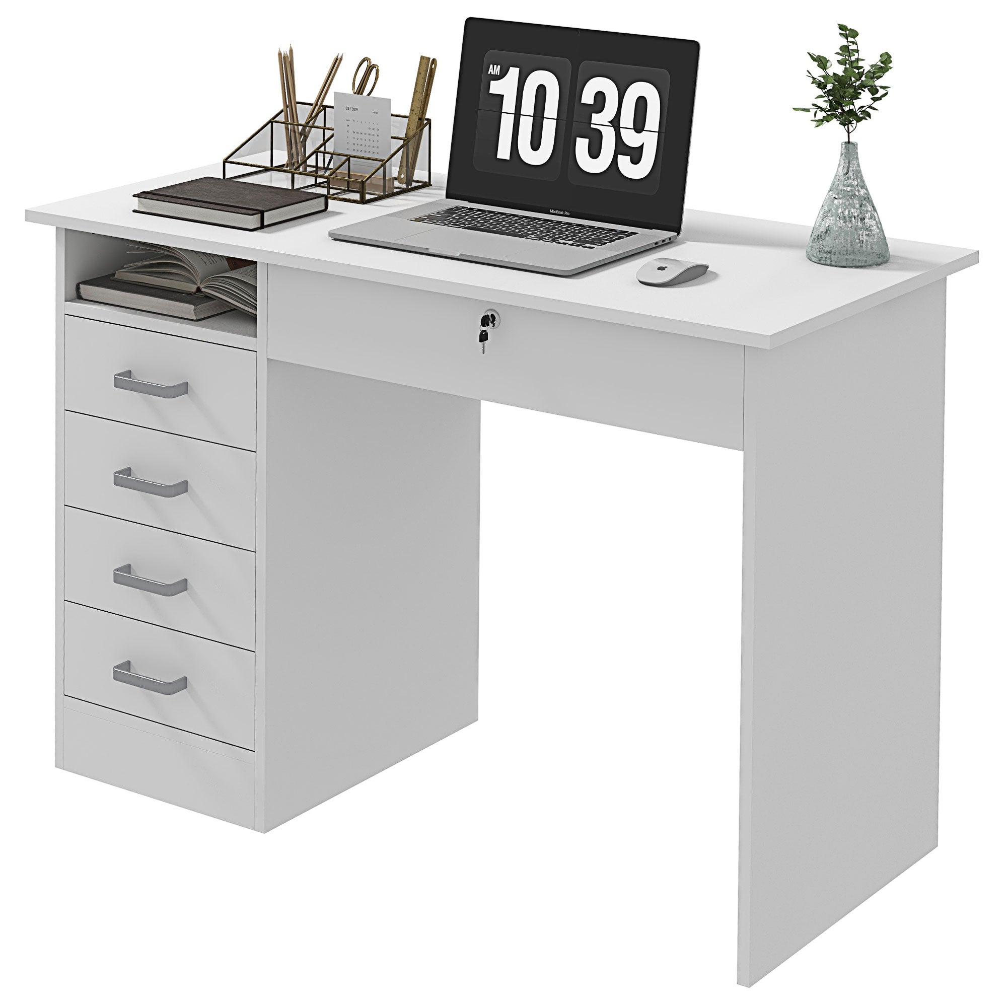 Bureau informatique table d'ordinateur moderne avec 5 tiroirs, grand plateau, 1 compartiment ouvert, tiroir verrouillable, 110 x 50 x 76 cm, blanc
