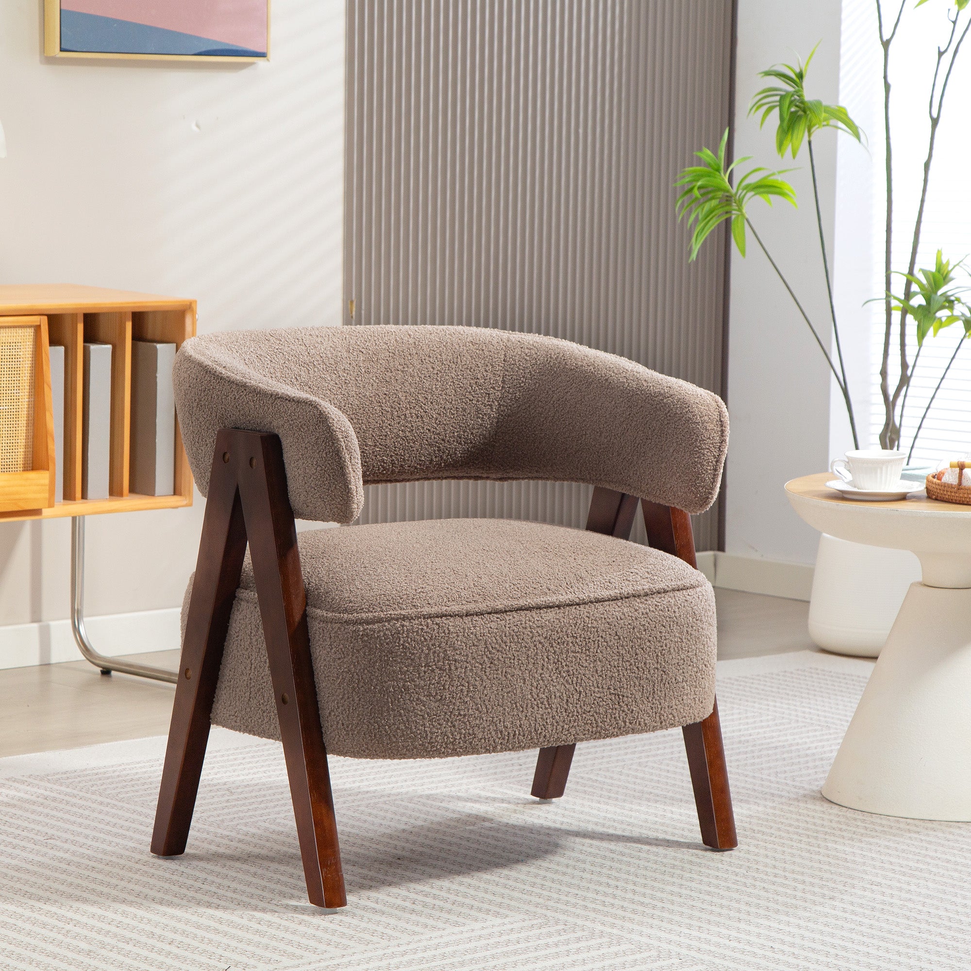Fauteuil de salon en tissu bouclette, chaise rembourrée, assise large, dossier ergonomique, accoudoirs, pieds en bois massif et structure en acier, fauteuil de chambre, salon, bureau, marron
