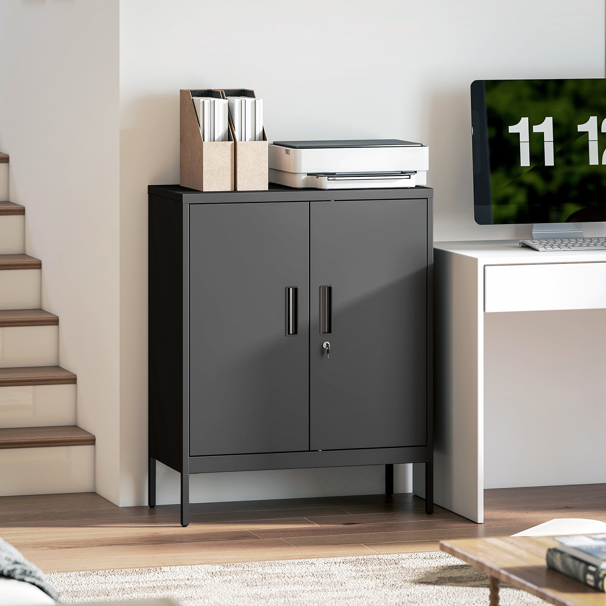Armoire de Bureau Métallique, 80 x 40 x 100 cm, Meuble de Rangement en Acier avec Serrure, 2 Portes et 2 Étagères Réglables, Classeur Rangement Documents Industriel pour Bureau ou Garage, Noir