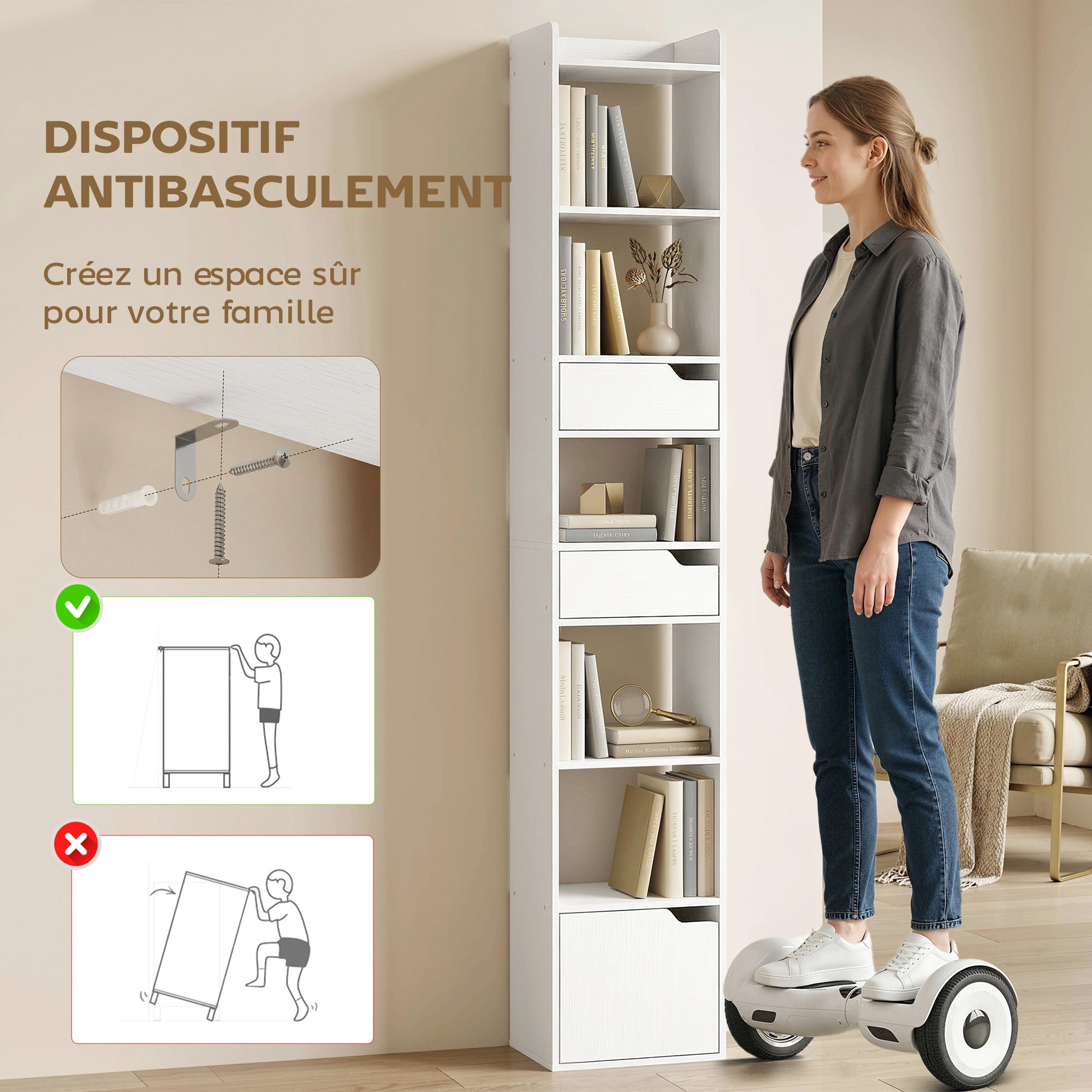 Bibliothèque étagère de rangement, étagère à livres étroite 32 x 24 x 181,5 cm avec porte, 2 tiroirs, compartiments ouverts, meuble de rangement pour salon, chambre, bureau, blanc