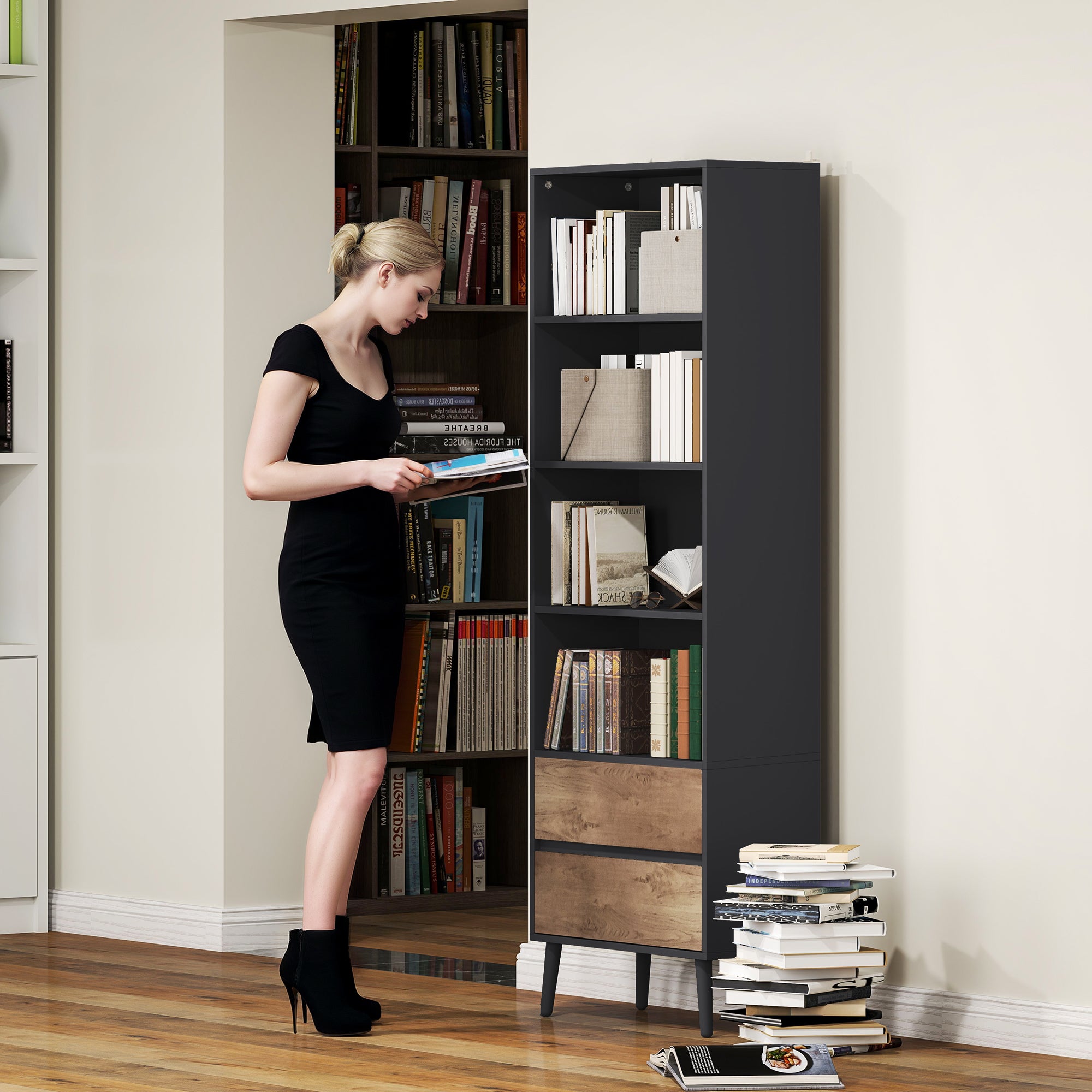 Bibliothèque meuble de rangement étagere à livres avec 4 compartiments ouverts et 2 tiroirs, étagère de rangement pour salon, chambre, bureau, 60 x 30 x 179 cm, gris