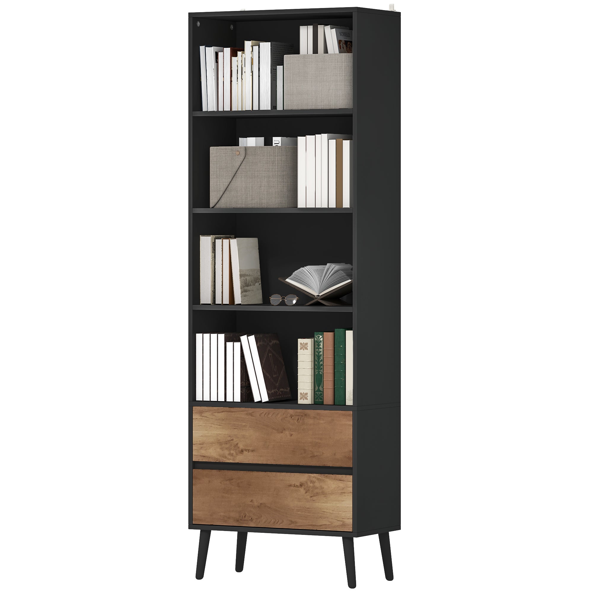 Bibliothèque meuble de rangement étagere à livres avec 4 compartiments ouverts et 2 tiroirs, étagère de rangement pour salon, chambre, bureau, 60 x 30 x 179 cm, gris