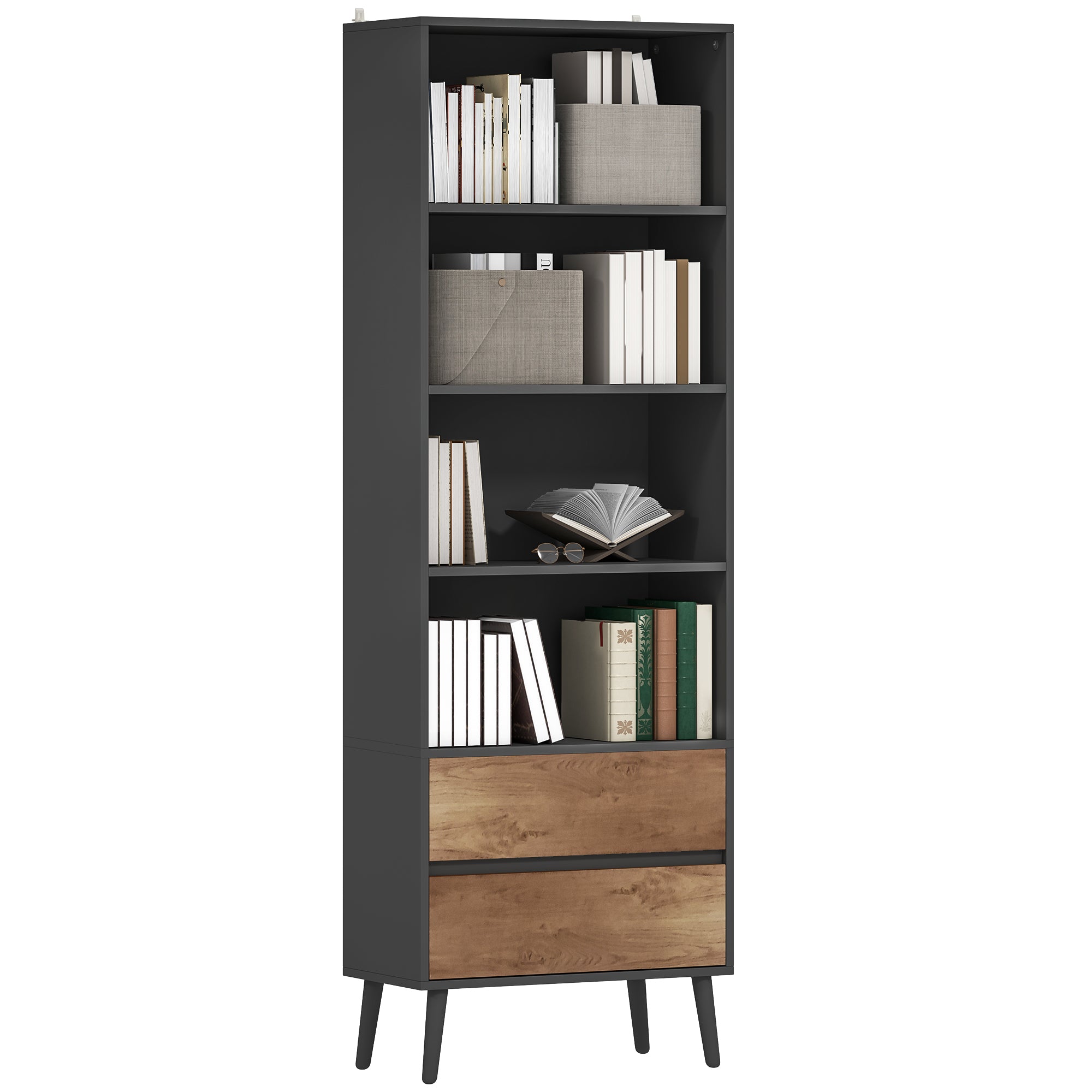 Bibliothèque meuble de rangement étagere à livres avec 4 compartiments ouverts et 2 tiroirs, étagère de rangement pour salon, chambre, bureau, 60 x 30 x 179 cm, gris