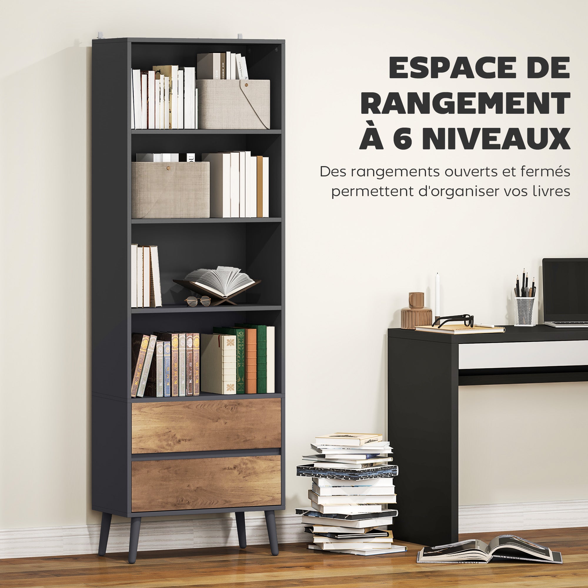 Bibliothèque meuble de rangement étagere à livres avec 4 compartiments ouverts et 2 tiroirs, étagère de rangement pour salon, chambre, bureau, 60 x 30 x 179 cm, gris