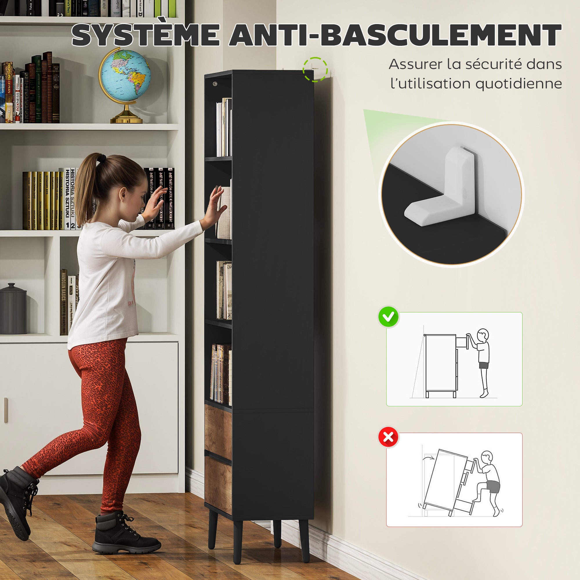 Bibliothèque meuble de rangement étagere à livres avec 4 compartiments ouverts et 2 tiroirs, étagère de rangement pour salon, chambre, bureau, 60 x 30 x 179 cm, gris