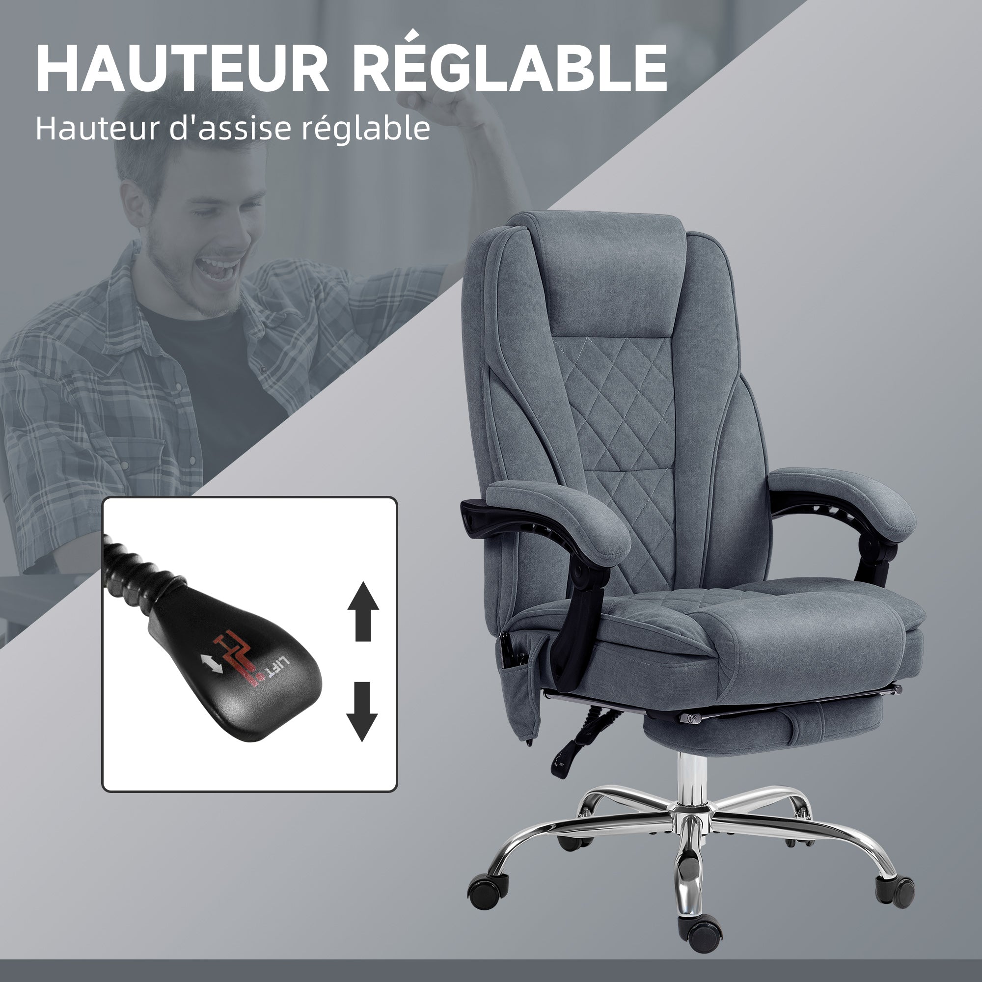 Fauteuil de bureau massant et chauffant chaise de bureau chaise ergonomique avec hauteur réglable dossier inclinable télécommande filaire repose-pieds rétractable et pivotant 360° gris