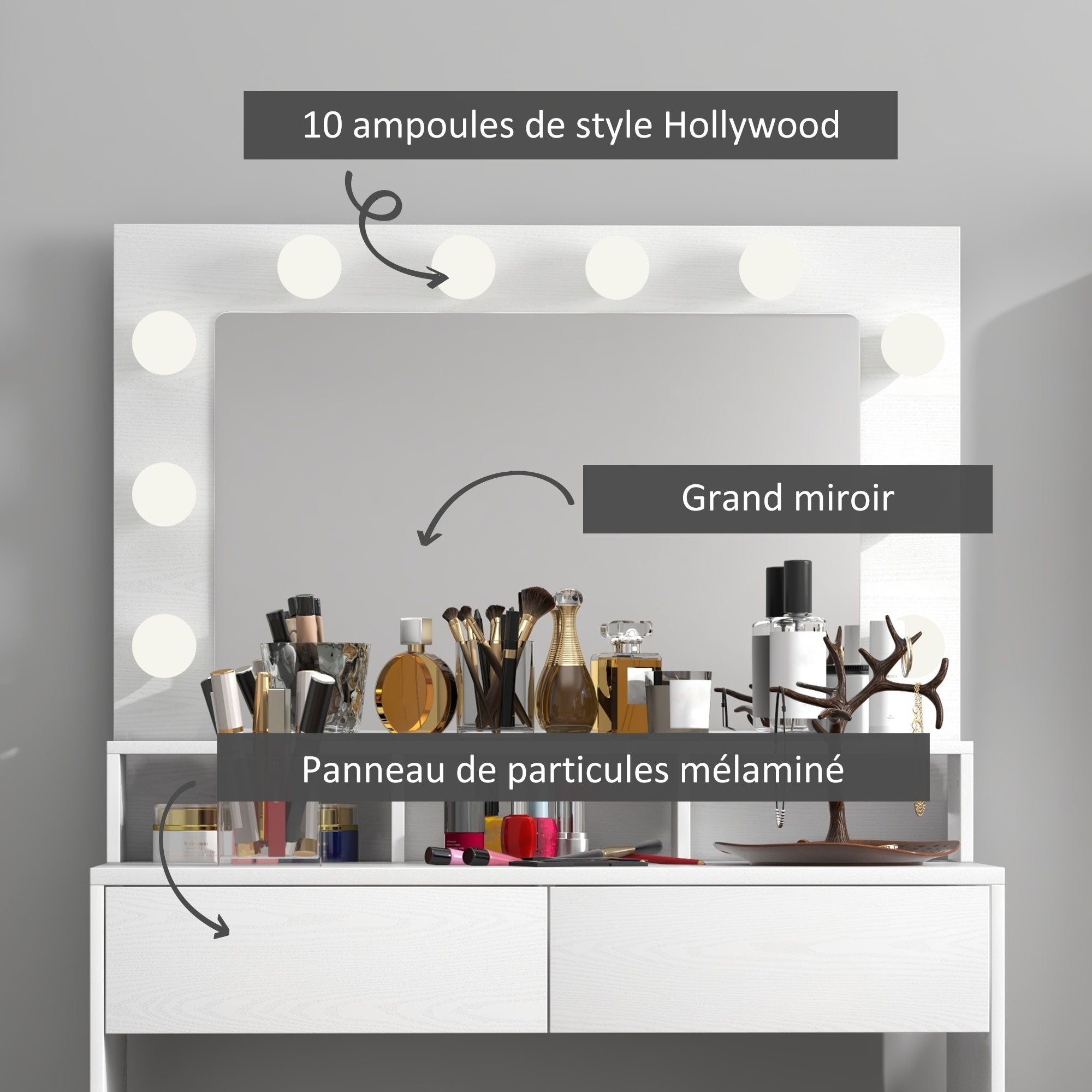 Coiffeuse avec miroir Hollywood, table de maquillage avec tiroirs, 3 modes d'éclairage, 10 ampoules, coiffeuse moderne pour chambre à coucher, salon, 80 x 40 x 135 cm, blanc