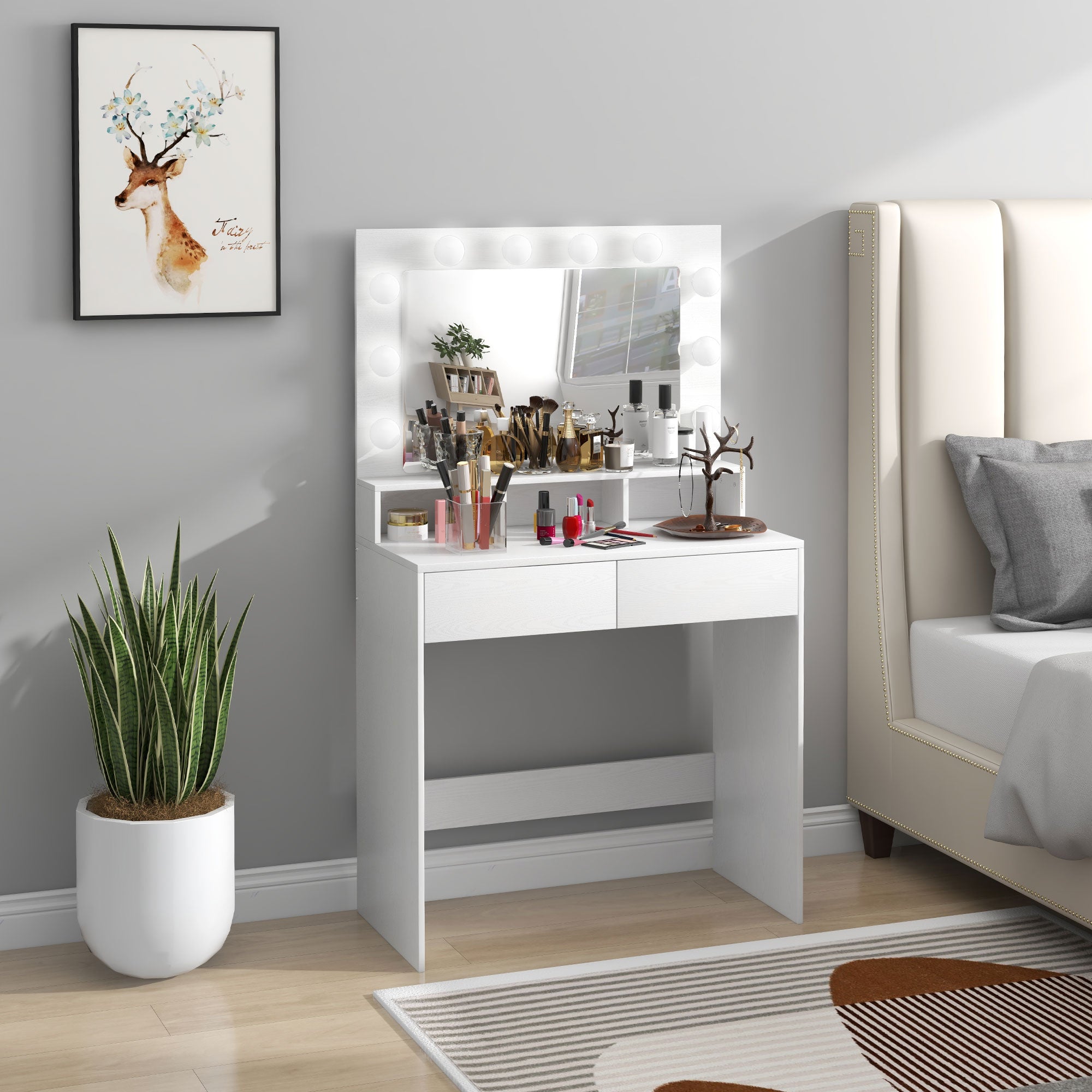 Coiffeuse avec miroir Hollywood, table de maquillage avec tiroirs, 3 modes d'éclairage, 10 ampoules, coiffeuse moderne pour chambre à coucher, salon, 80 x 40 x 135 cm, blanc