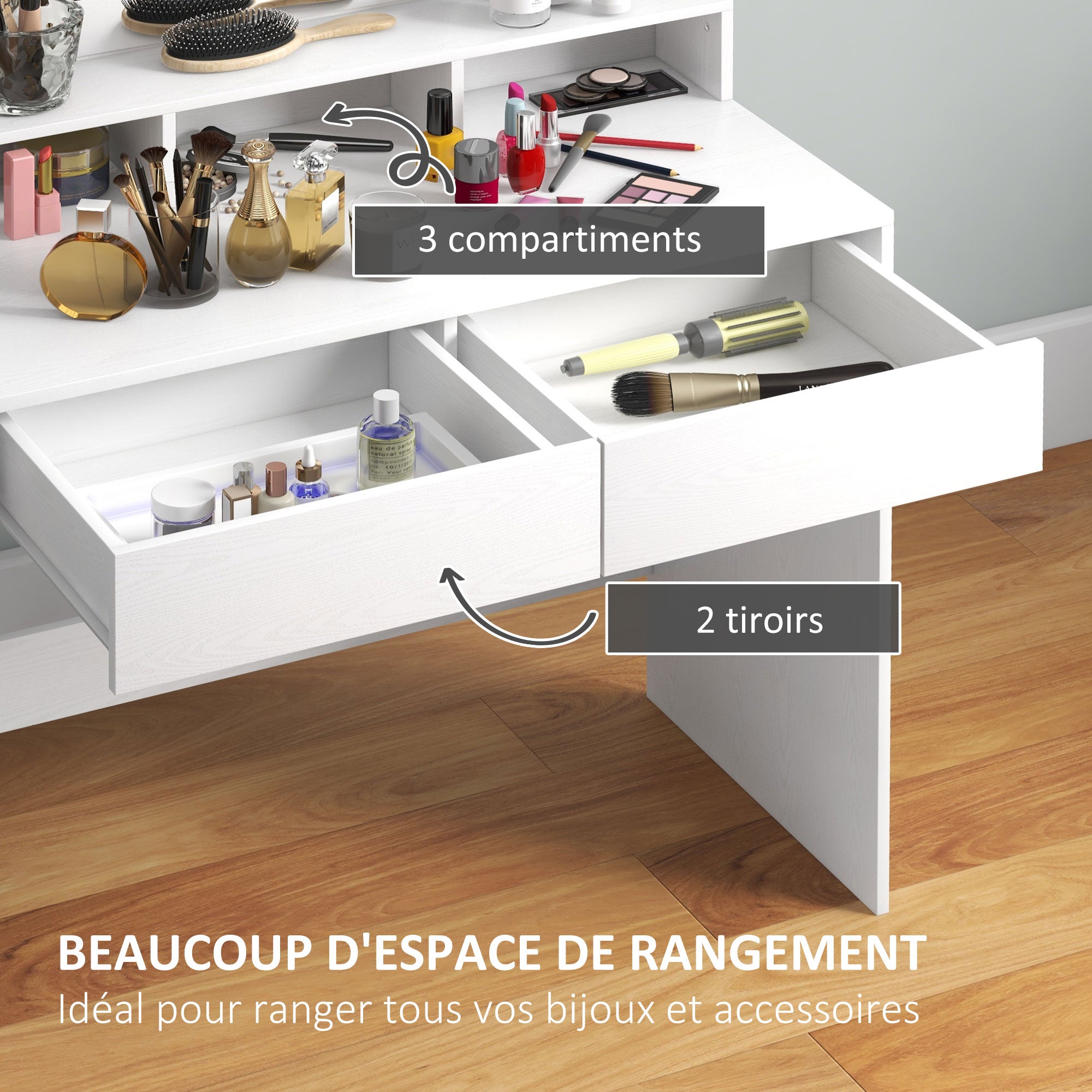 Coiffeuse avec miroir Hollywood, table de maquillage avec tiroirs, 3 modes d'éclairage, 10 ampoules, coiffeuse moderne pour chambre à coucher, salon, 80 x 40 x 135 cm, blanc