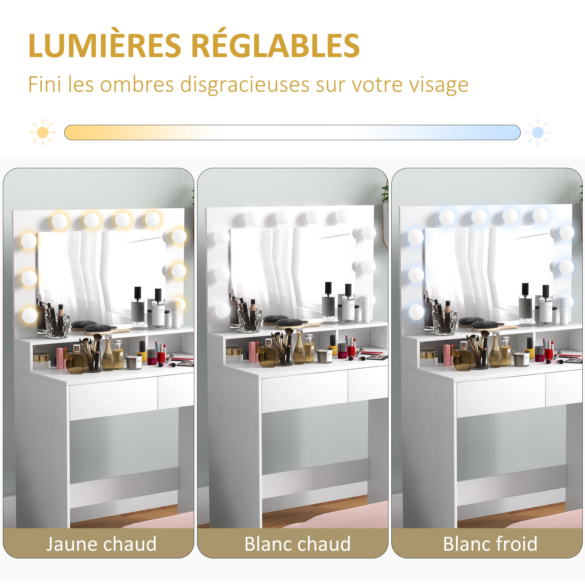 Coiffeuse avec miroir Hollywood, table de maquillage avec tiroirs, 3 modes d'éclairage, 10 ampoules, coiffeuse moderne pour chambre à coucher, salon, 80 x 40 x 135 cm, blanc