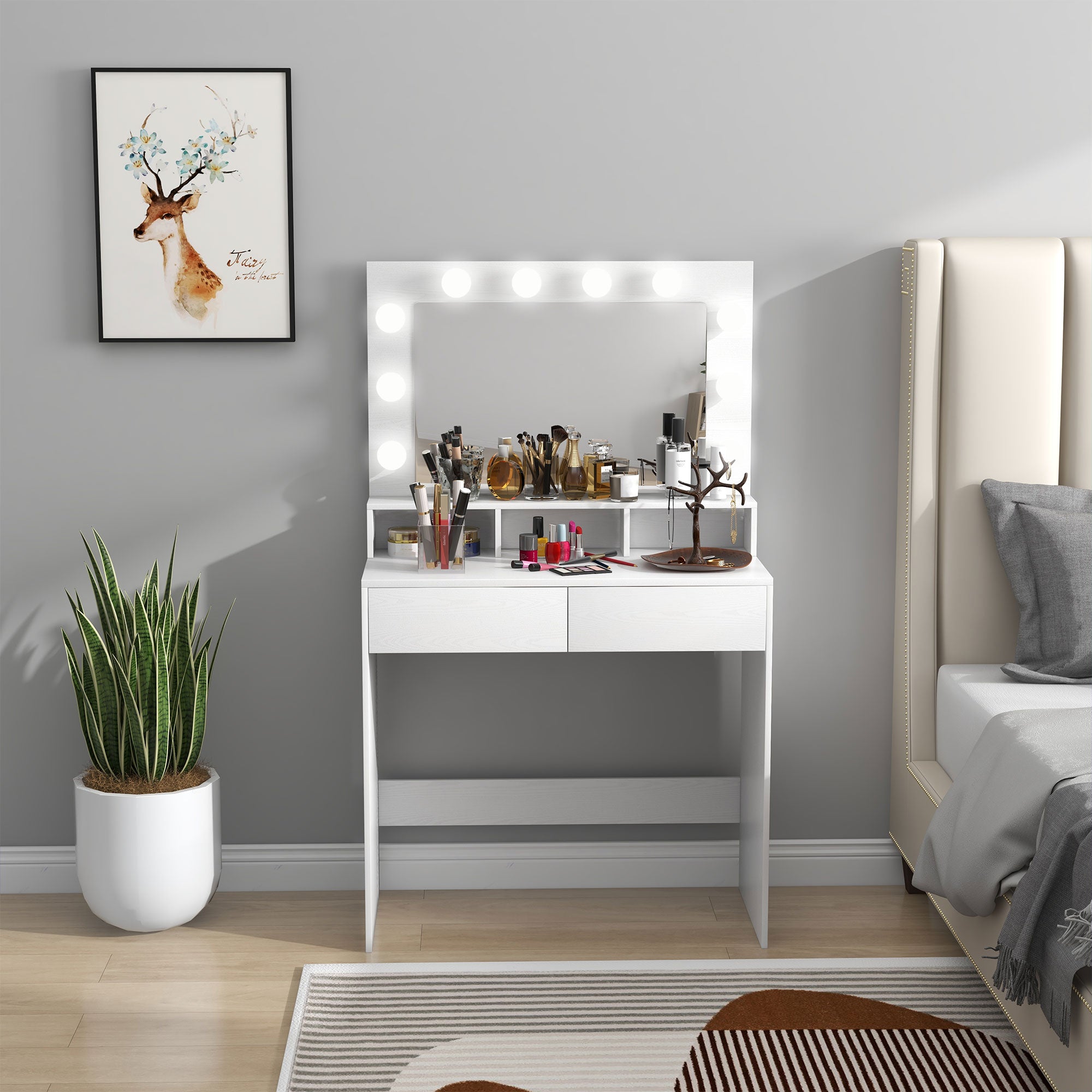 Coiffeuse avec miroir Hollywood, table de maquillage avec tiroirs, 3 modes d'éclairage, 10 ampoules, coiffeuse moderne pour chambre à coucher, salon, 80 x 40 x 135 cm, blanc