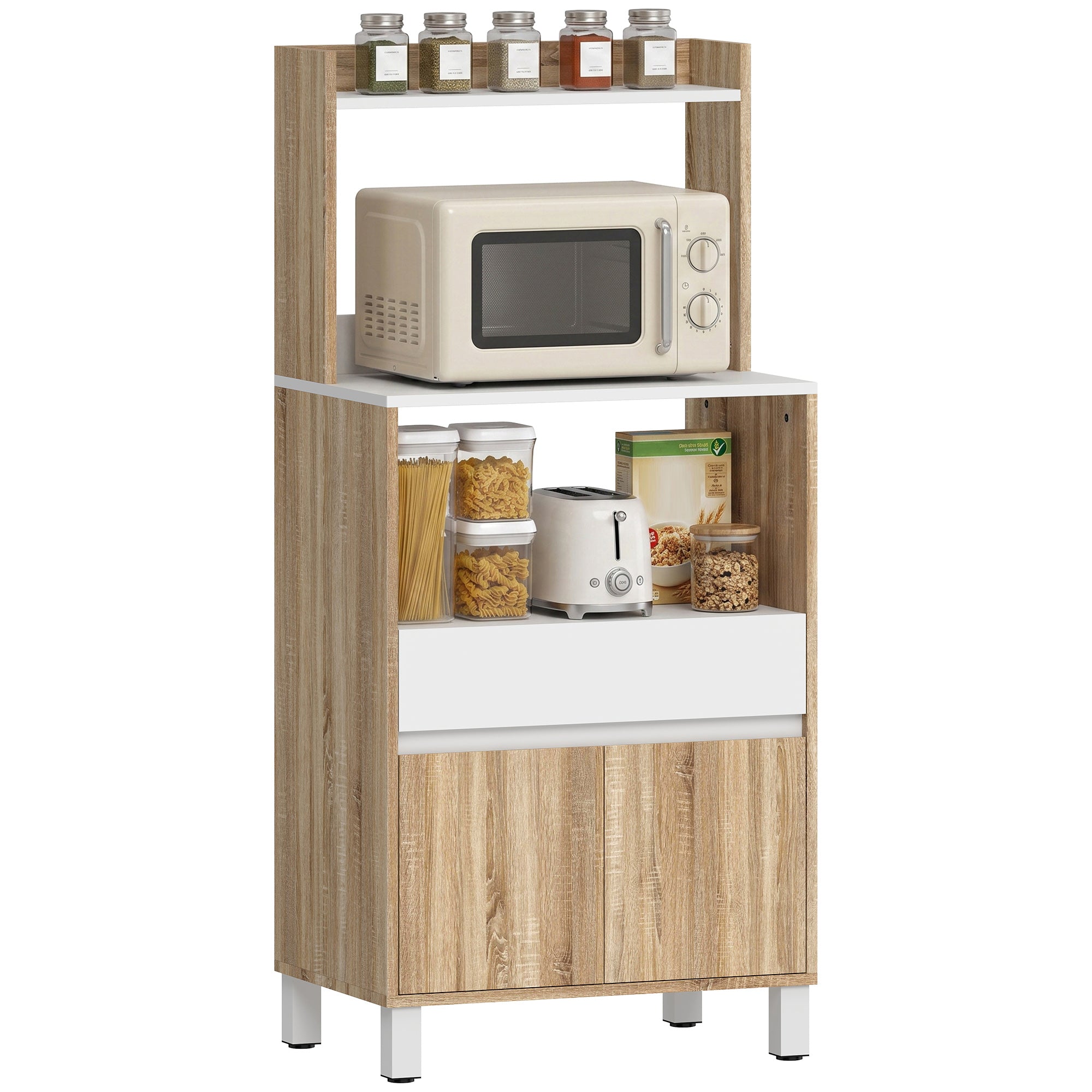 Meuble Micro-Ondes, Buffet Cuisine avec Tiroir, 2 Portes à Fermeture Douce, Plan de Travail et Étagères Ouvertes, Meuble de Rangement pour Salle à Manger, Salon, 60x40x131cm, Chêne et Blanc