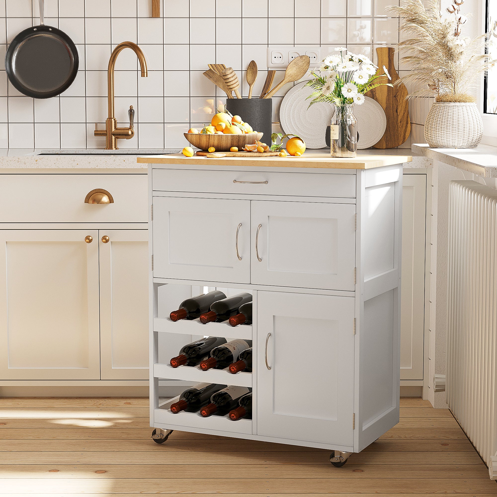 Desserte de cuisine multi rangements 2 placards tiroir casier 9 bouteilles MDF blanc plateau bois caoutchouc