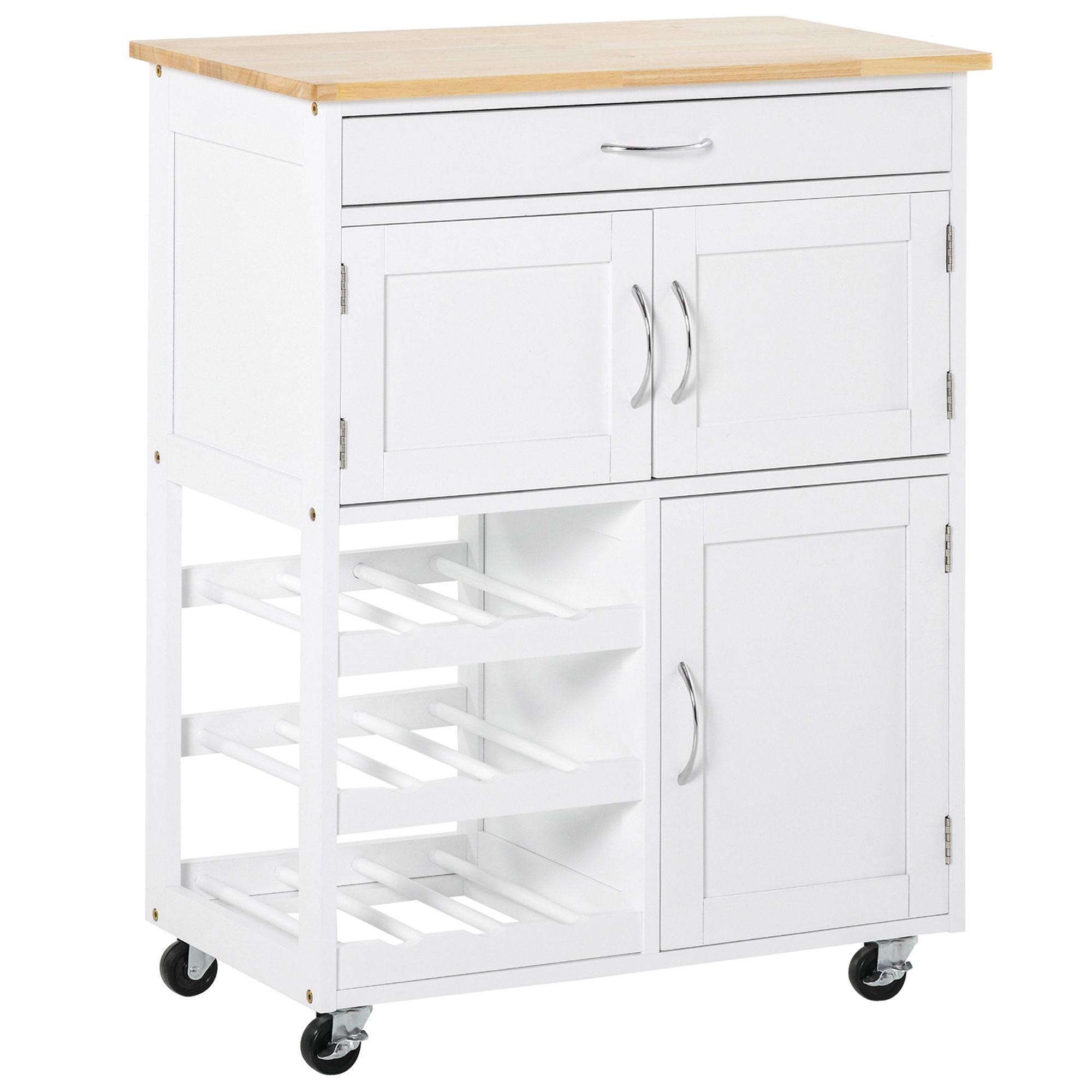 Desserte de cuisine multi rangements 2 placards tiroir casier 9 bouteilles MDF blanc plateau bois caoutchouc
