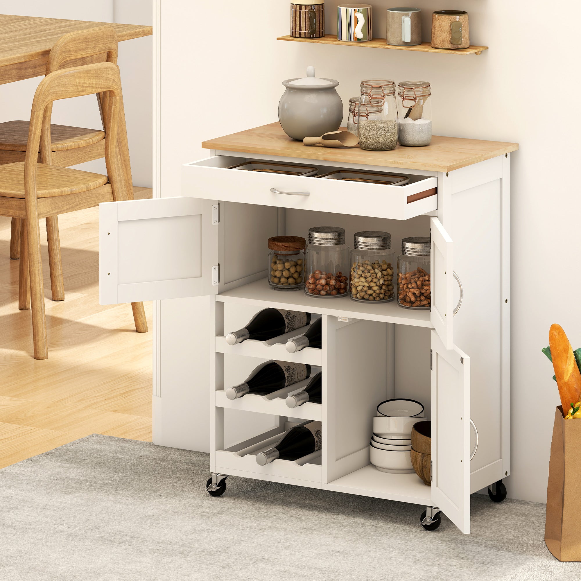 Desserte de cuisine multi rangements 2 placards tiroir casier 9 bouteilles MDF blanc plateau bois caoutchouc