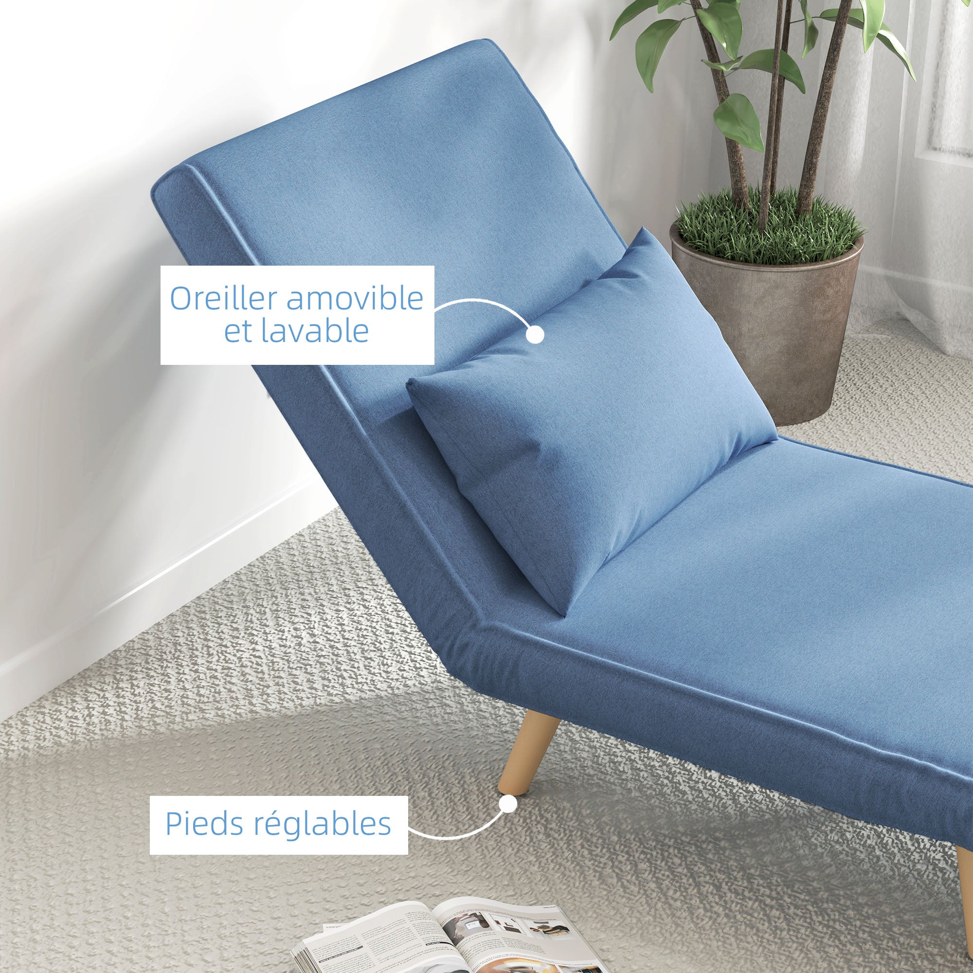3 en 1 fauteuil convertible 1 place, fauteuil lit et chauffeuse - dossier inclinable 5 niveaux et oreiller inclus, siège rembourré - pour bureau, salon, chambre à coucher, bleu