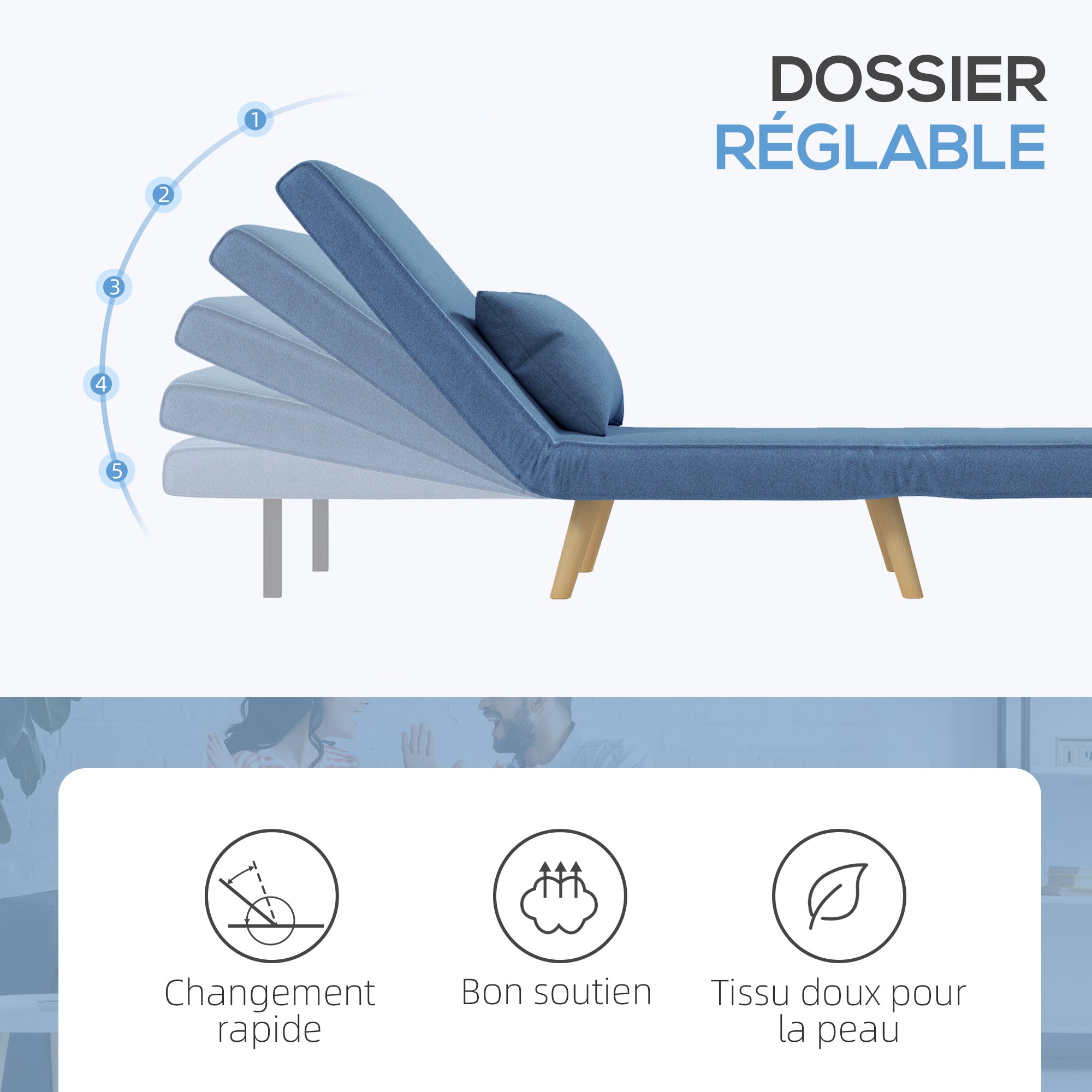 3 en 1 fauteuil convertible 1 place, fauteuil lit et chauffeuse - dossier inclinable 5 niveaux et oreiller inclus, siège rembourré - pour bureau, salon, chambre à coucher, bleu