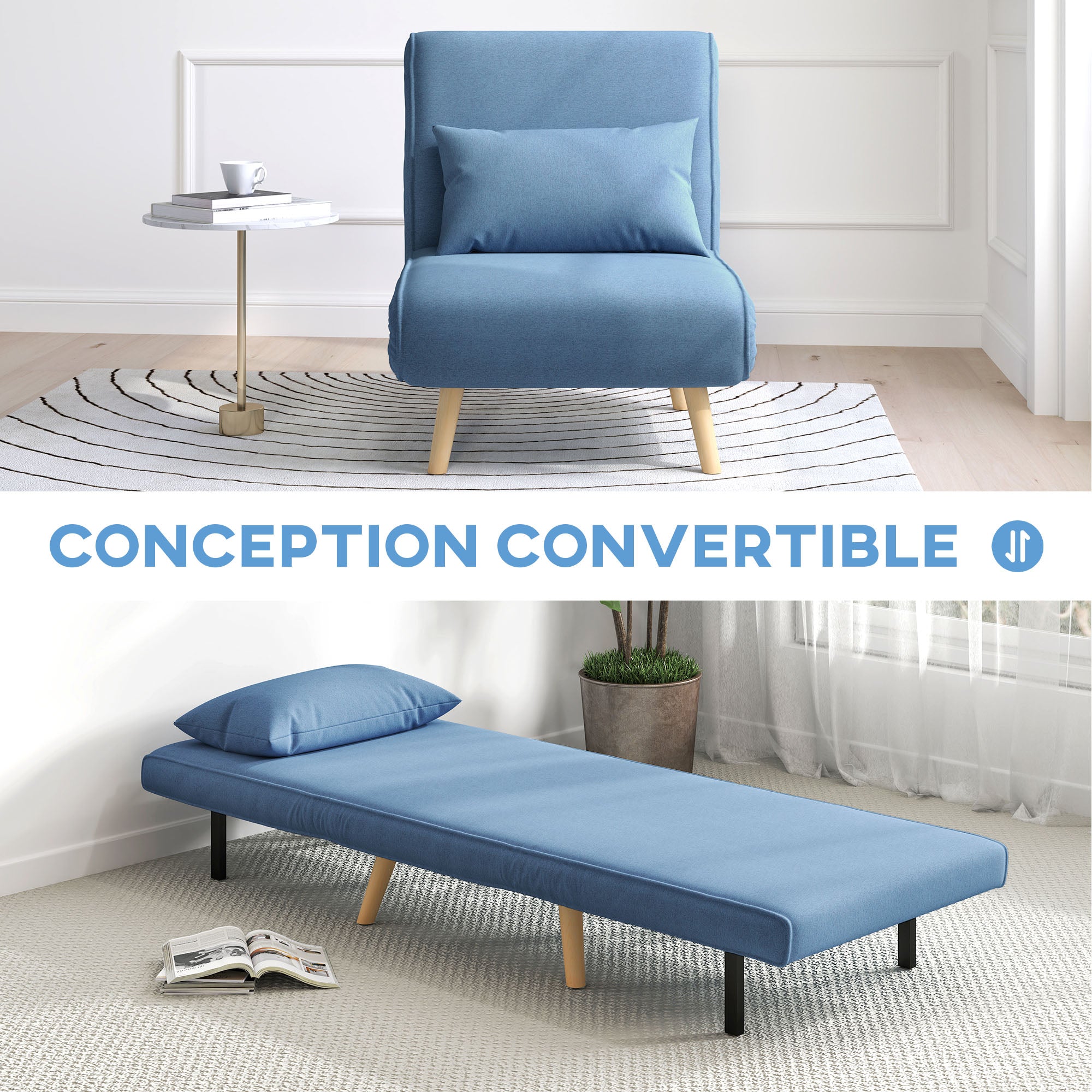 3 en 1 fauteuil convertible 1 place, fauteuil lit et chauffeuse - dossier inclinable 5 niveaux et oreiller inclus, siège rembourré - pour bureau, salon, chambre à coucher, bleu